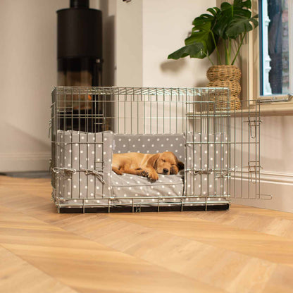 Discover our Luxury Dog Crate Bumper, in Grey Spot. The Perfect Dog Crate Accessory, Available To Personalise Now at Lords & Labradors
