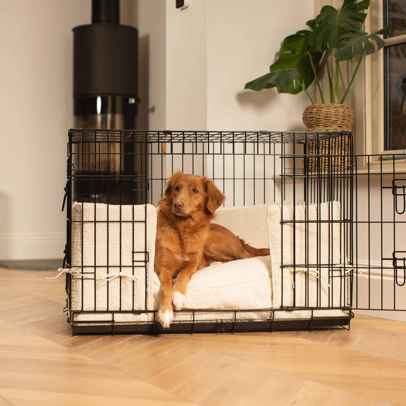 Discover our Luxury Dog Crate Bumper, in Ivory Bouclé. The Perfect Dog Crate Accessory, Available To Personalise Now at Lords & Labradors