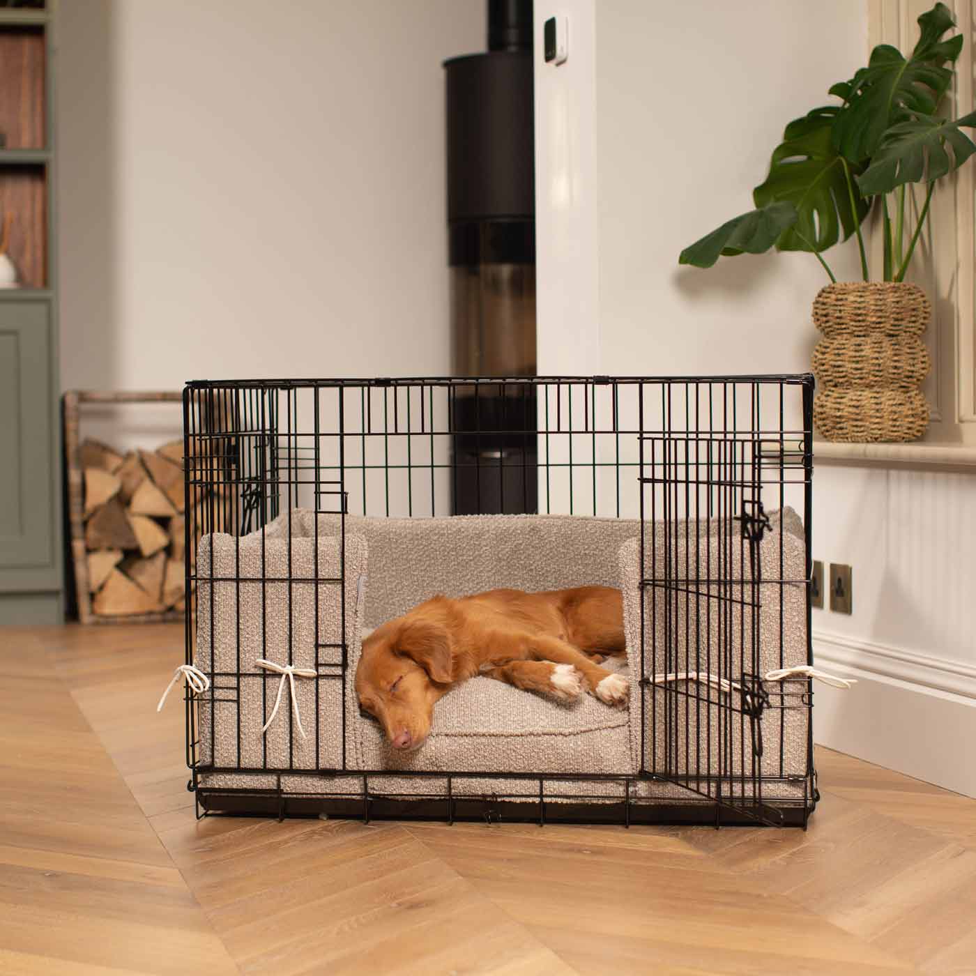 Discover our Luxury Dog Crate Bumper, in Mink Bouclé. The Perfect Dog Crate Accessory, Available To Personalise Now at Lords & Labradors