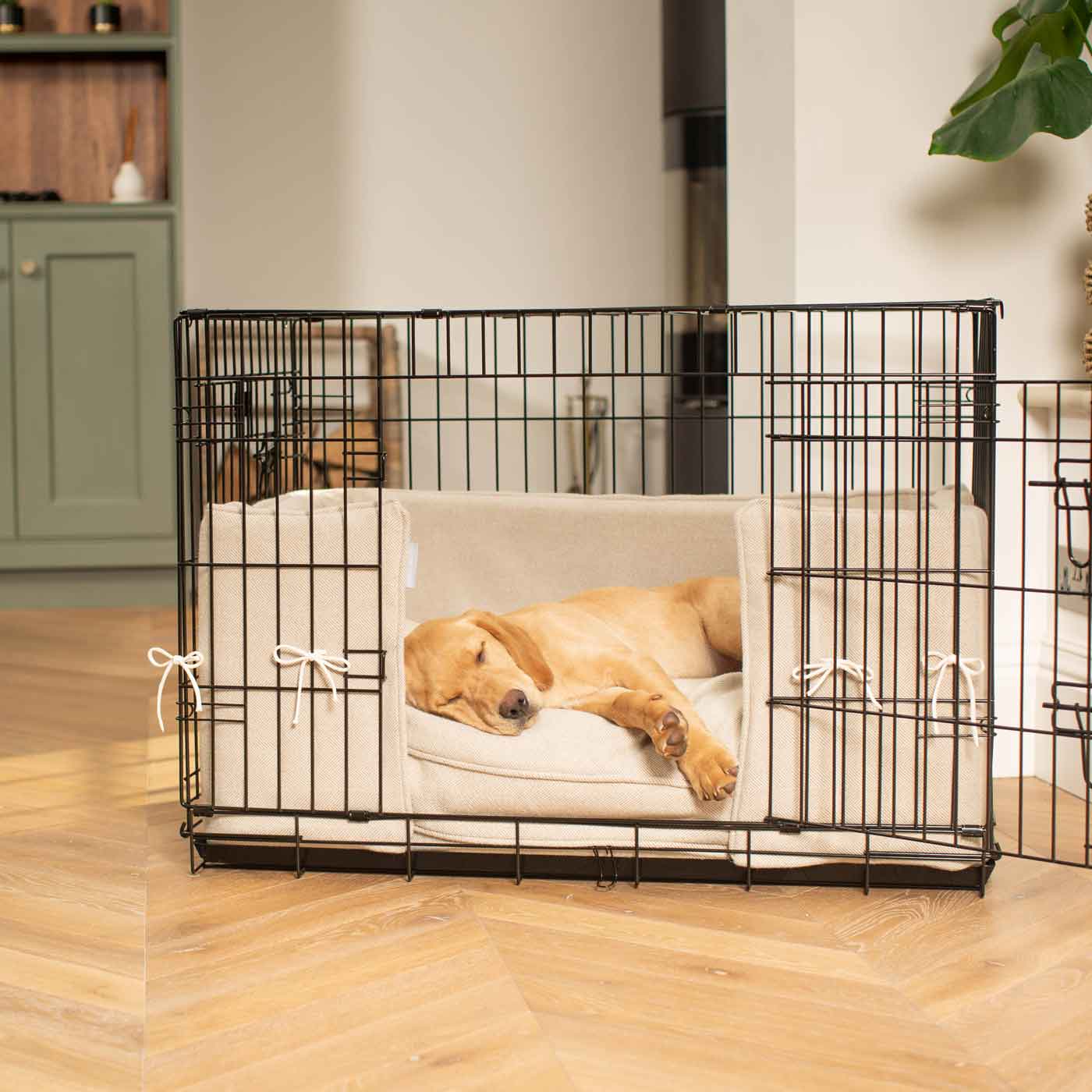 Discover our Luxury Dog Crate Bumper, in Natural Herringbone. The Perfect Dog Crate Accessory, Available To Personalise Now at Lords & Labradors