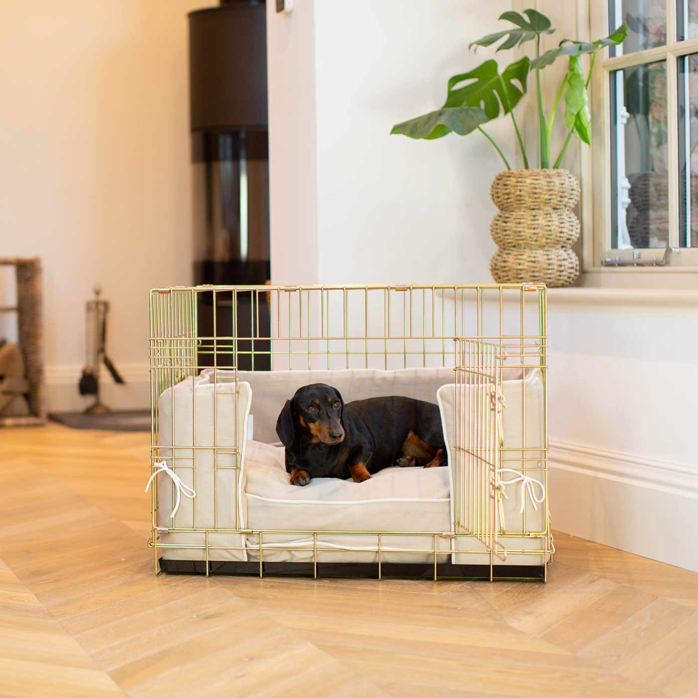 Discover our Luxury Dog Crate Bumper, in Savanna Oatmeal. The Perfect Dog Crate Accessory, Available To Personalise Now at Lords & Labradors
