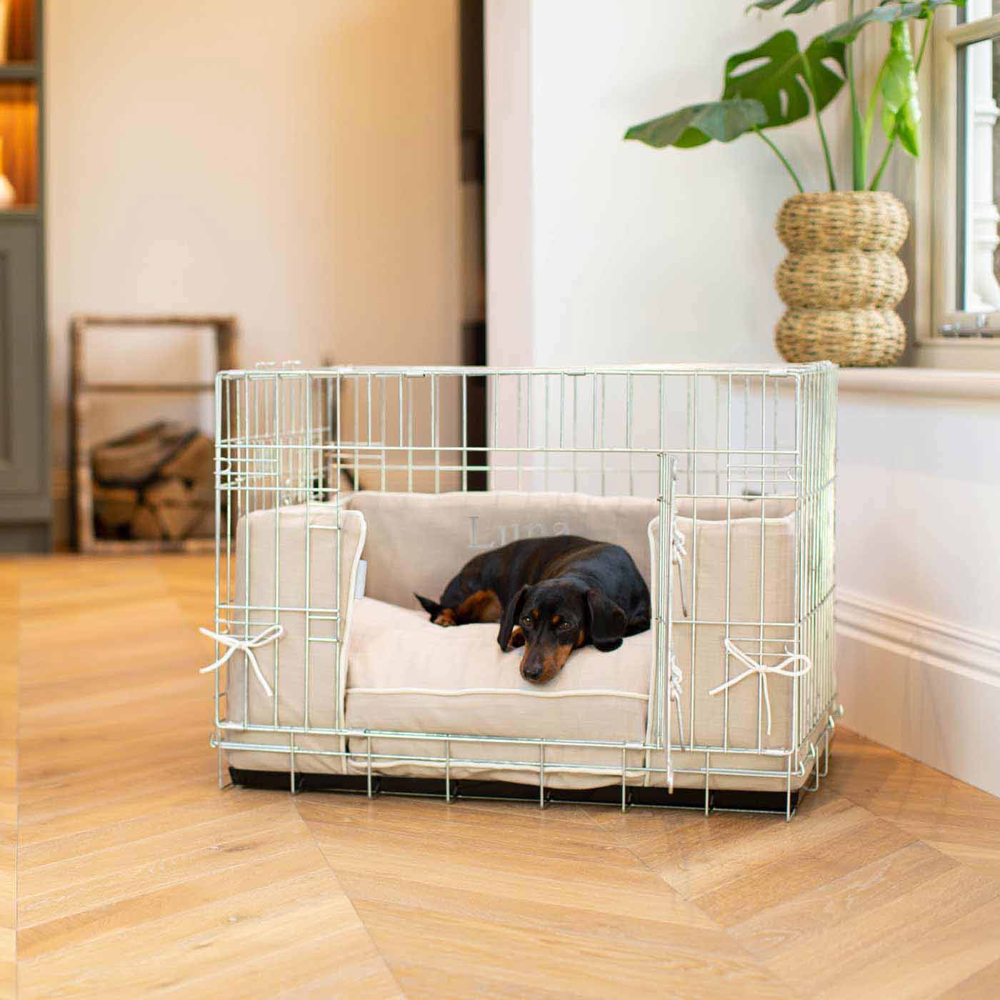 Discover our Luxury Dog Crate Bumper, in Savanna Oatmeal. The Perfect Dog Crate Accessory, Available To Personalise Now at Lords & Labradors
