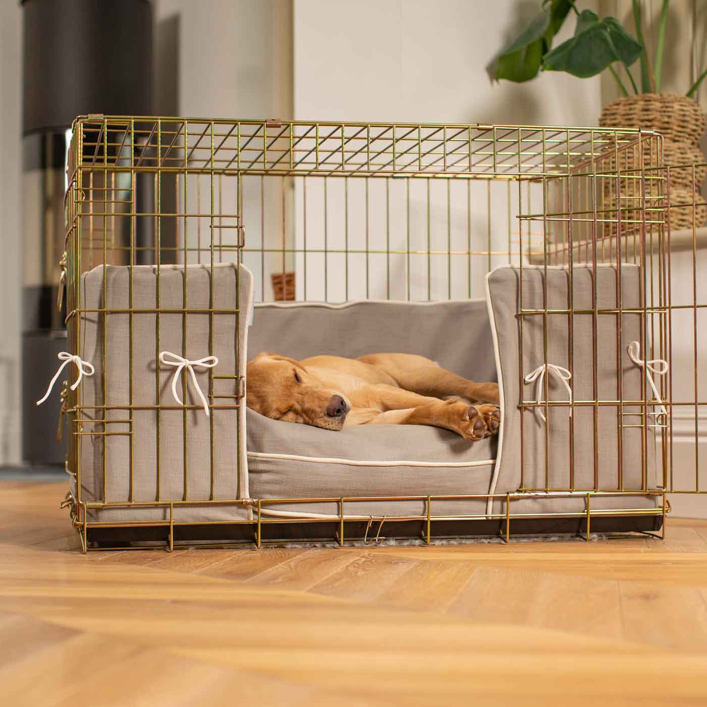 Discover our Luxury Dog Crate Bumper, in Savanna Stone. The Perfect Dog Crate Accessory, Available To Personalise Now at Lords & Labradors
