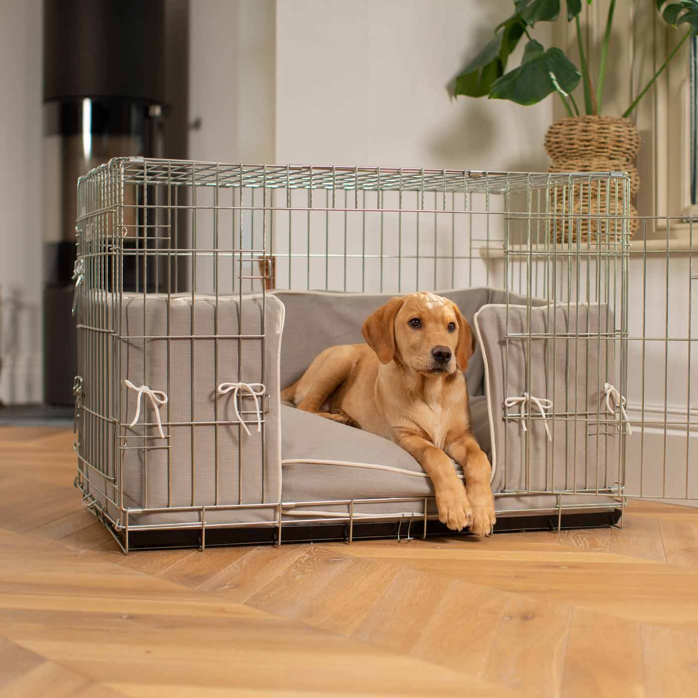 Discover our Luxury Dog Crate Bumper, in Savanna Stone. The Perfect Dog Crate Accessory, Available To Personalise Now at Lords & Labradors