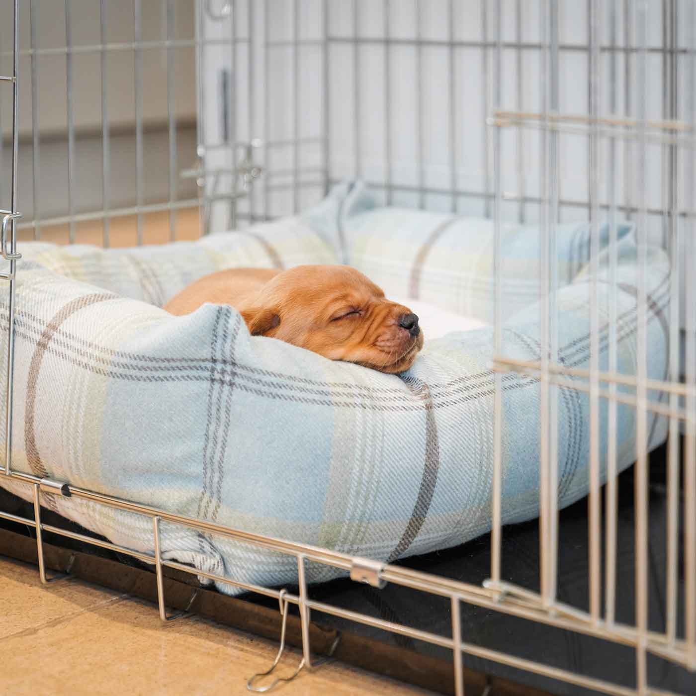  Cosy & Calm Puppy Crate Bed, The Perfect Dog Crate Accessory For The Ultimate Dog Den! In Stunning Duck Egg Tweed! Available Now at Lords & Labradors