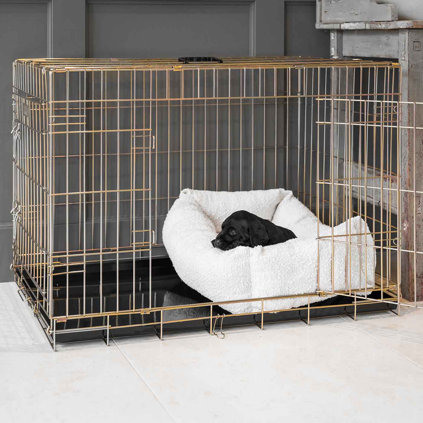  Cosy & Calm Puppy Crate Bed, The Perfect Dog Crate Accessory For The Ultimate Dog Den! In Stunning Ivory Bouclé! Available To Personalise at Lords & Labradors 
