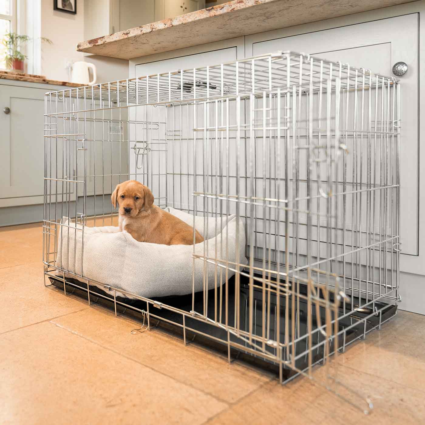  Cosy & Calm Puppy Crate Bed, The Perfect Dog Crate Accessory For The Ultimate Dog Den! In Stunning Natural Herringbone Tweed! Available Now at Lords & Labradors