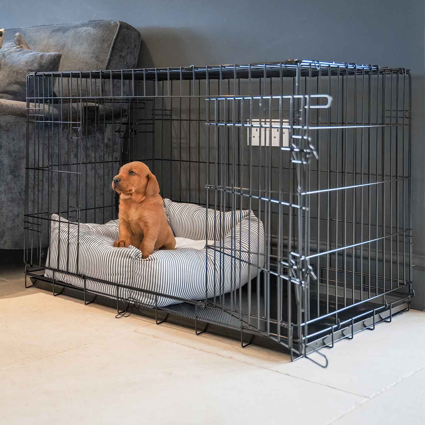 Cosy & Calm Puppy Crate Bed, The Perfect Dog Crate Accessory For The Ultimate Dog Den! In Stunning Regency Stripe! Available To Personalise at Lords & Labradors 