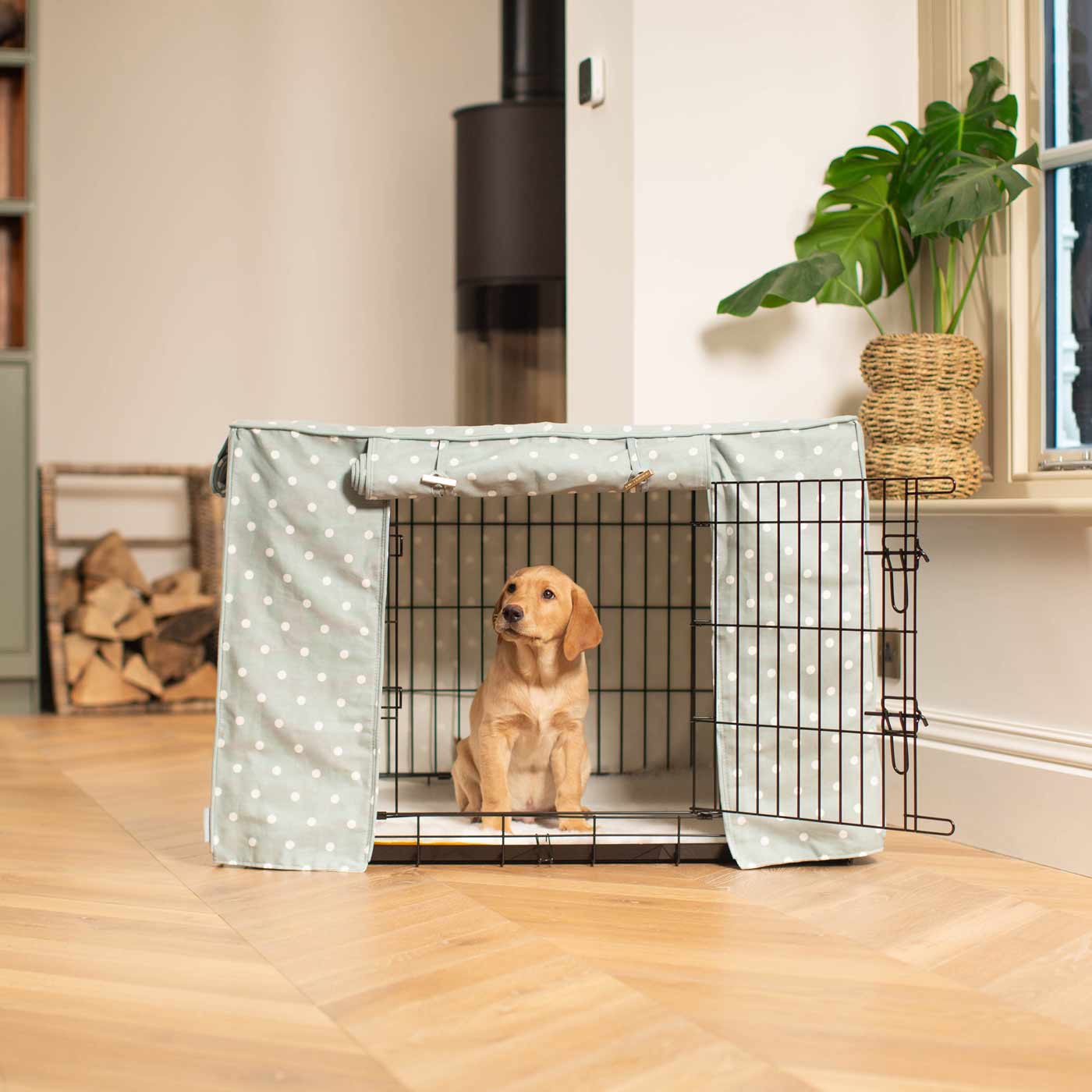 Luxury Dog Crate Cover, Duck Egg Spot Cotton Crate Cover The Perfect Dog Crate Accessory, Available To Personalise Now at Lords & Labradors