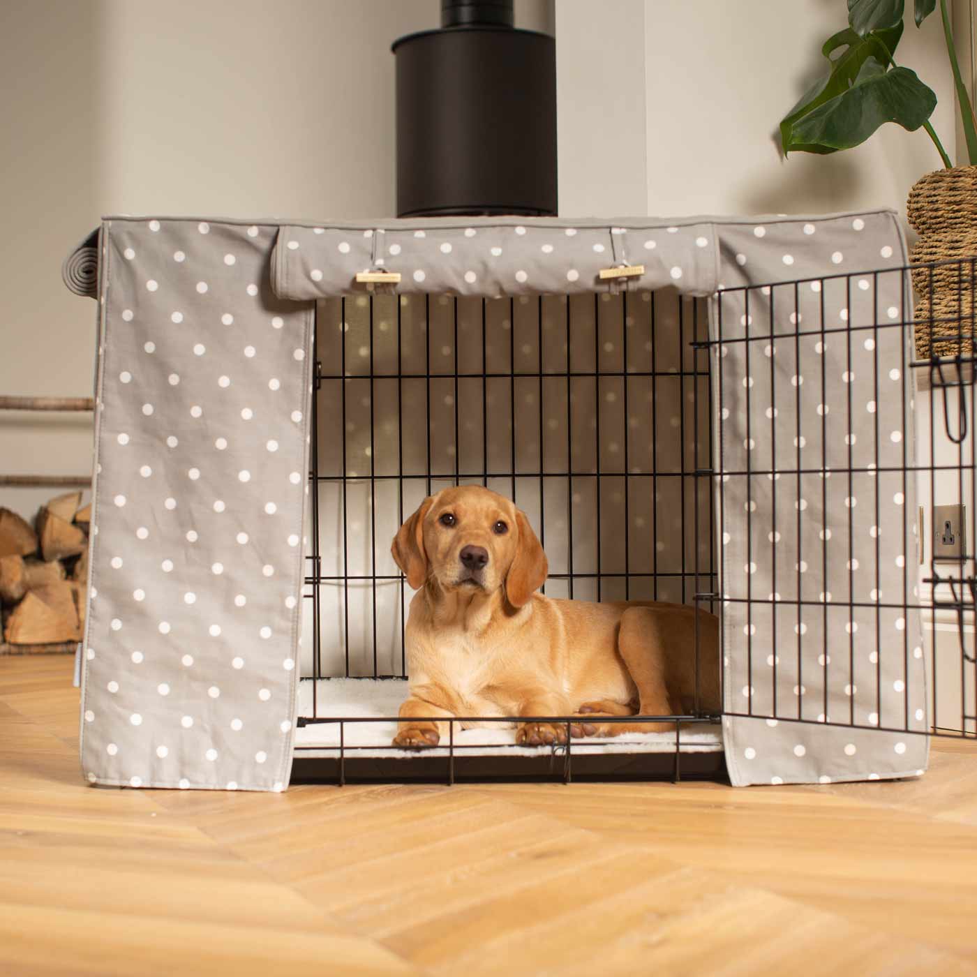 Luxury Dog Crate Cover, Grey Spot Cotton Crate Cover The Perfect Dog Crate Accessory, Available To Personalise Now at Lords & Labradors
