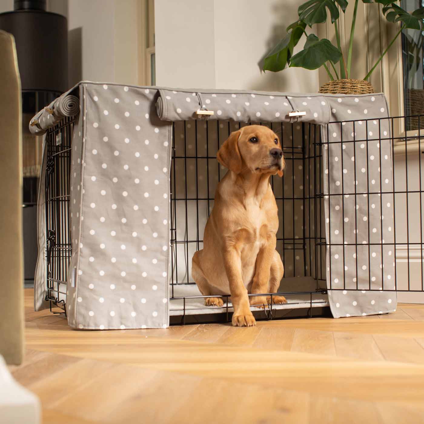 Discover our Luxury Dog Crate Cover, in Grey Spot. The Perfect Dog Crate Accessory, Available To Personalise Now at Lords & Labradors