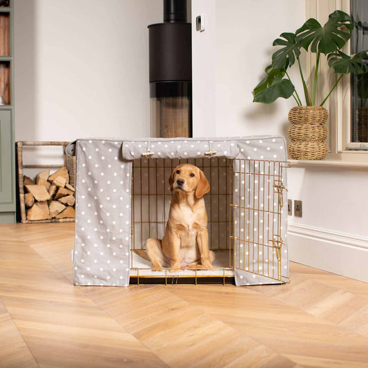 Discover Our Heavy-Duty Dog Crate With Grey Spot Crate Cover! The Perfect Crate Accessory For The Ultimate Pet Den. Available To Personalise Here at Lords & Labradors 