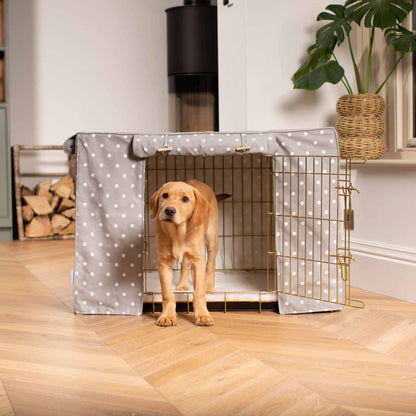 Discover Our Heavy-Duty Dog Crate With Grey Spot Crate Cover! The Perfect Crate Accessory For The Ultimate Pet Den. Available To Personalise Here at Lords & Labradors 