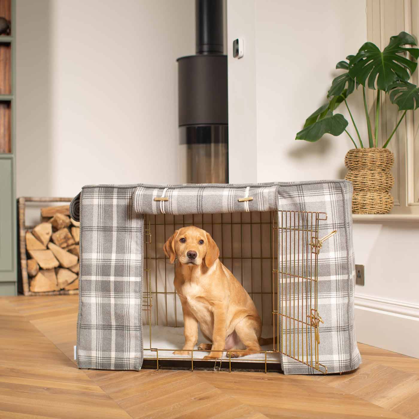Discover our Luxury Dog Crate Cover, in Balmoral Dove Grey Tweed. The Perfect Dog Crate Accessory, Available To Personalise Now at Lords & Labradors
