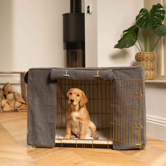 Discover Our Heavy-Duty Dog Crate With Granite Bouclé Crate Cover! The Perfect Crate Accessory For The Ultimate Pet Den. Available To Personalise Here at Lords & Labradors 