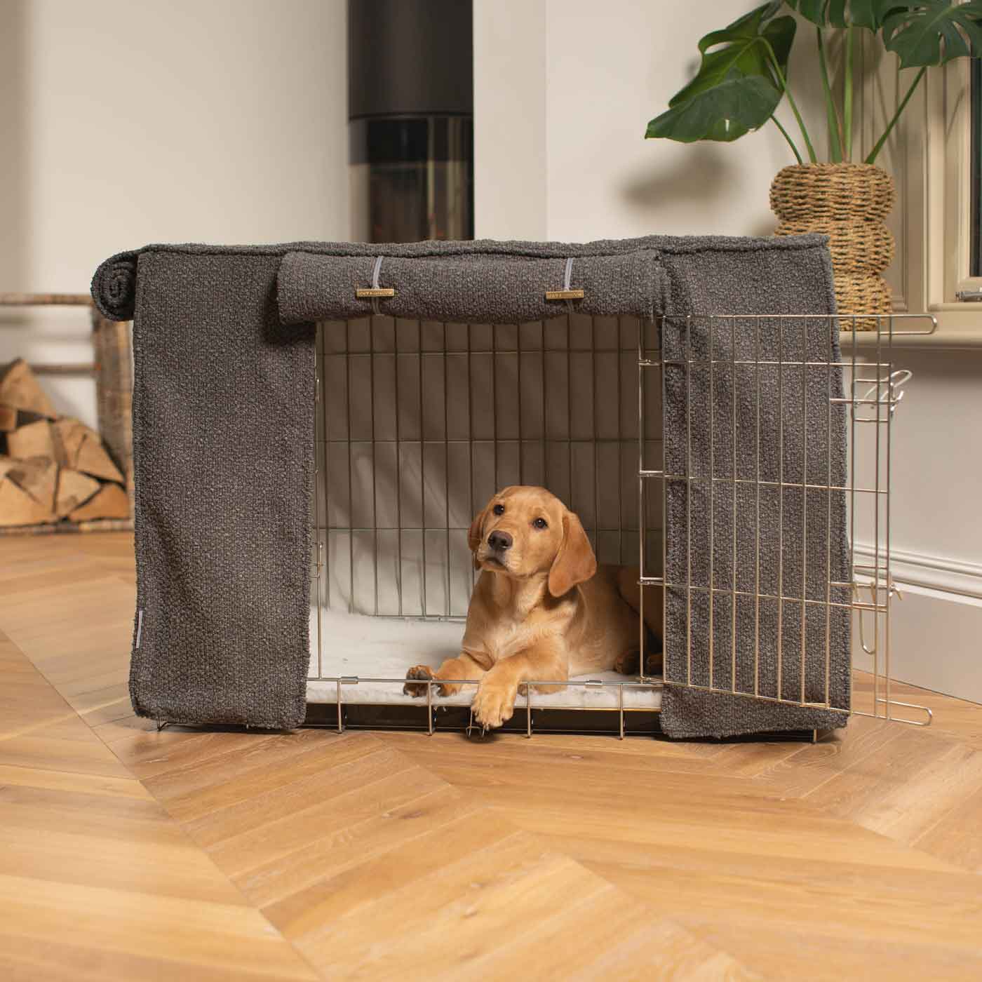 Discover our Luxury Dog Crate Cover, in Granite Boucle. The Perfect Dog Crate Accessory, Available To Personalise Now at Lords & Labradors