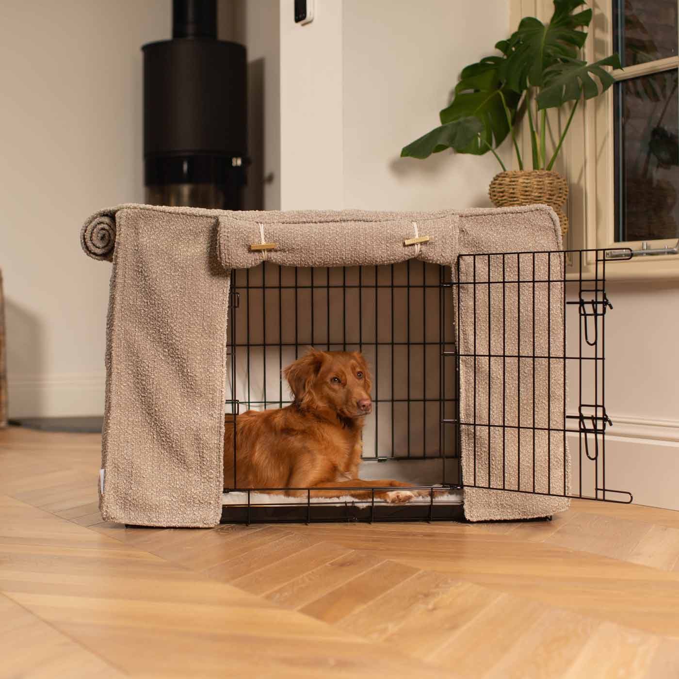 Discover our Luxury Dog Crate Cover, in Mink Boucle. The Perfect Dog Crate Accessory, Available To Personalise Now at Lords & Labradors