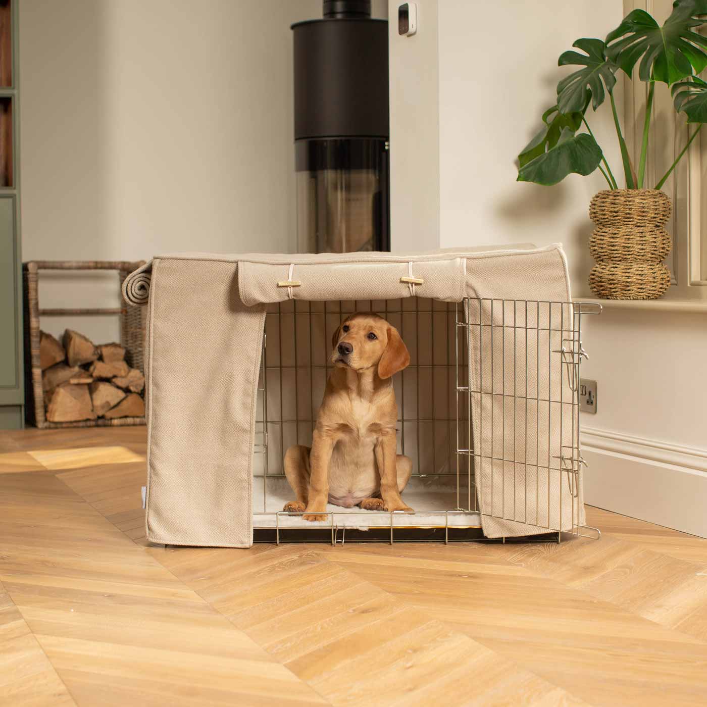 Discover our Luxury Dog Crate Cover, in Natural Herringbone. The Perfect Dog Crate Accessory, Available To Personalise Now at Lords & Labradors