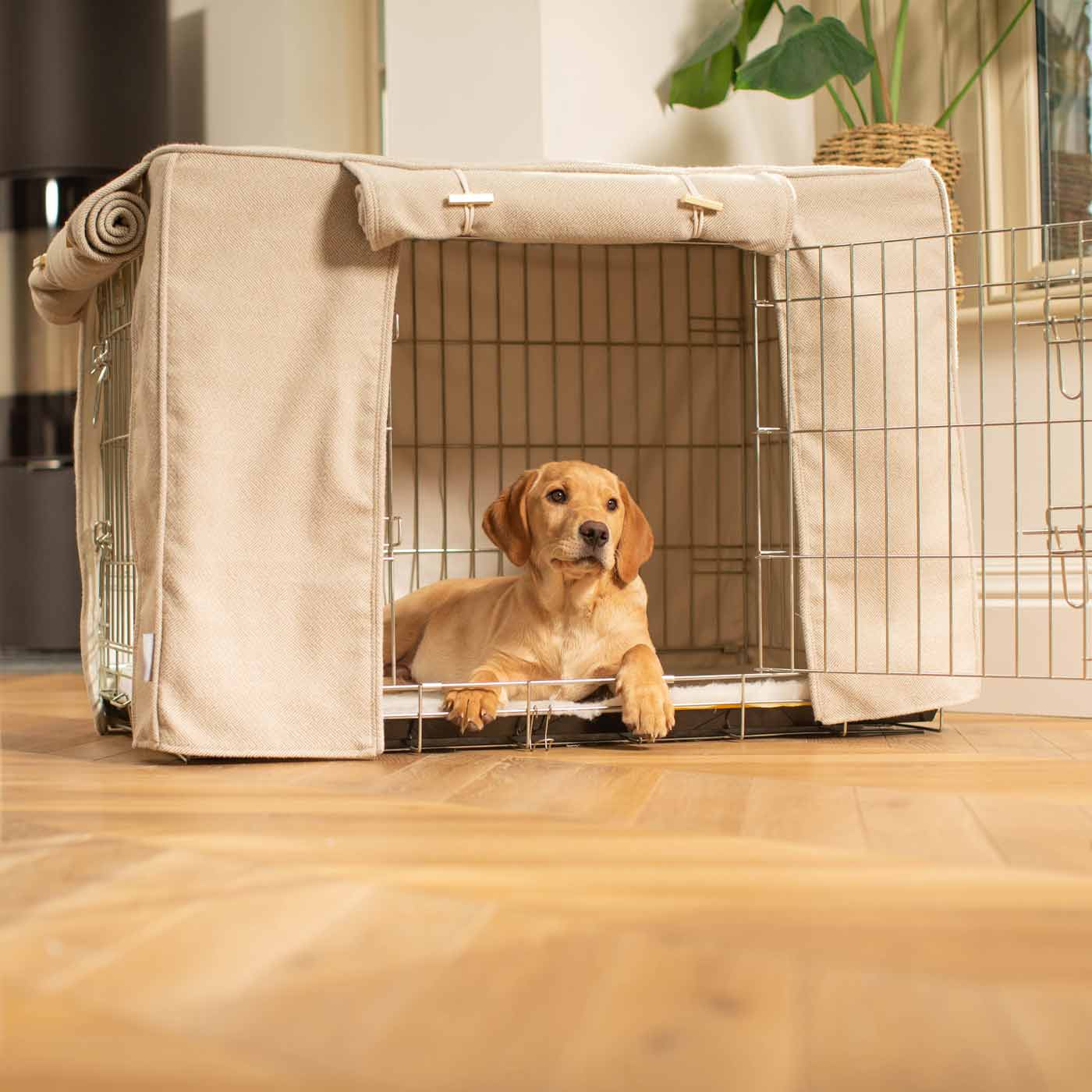 Discover our Luxury Dog Crate Cover, in Natural Herringbone. The Perfect Dog Crate Accessory, Available To Personalise Now at Lords & Labradors