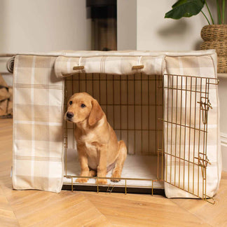 Curated visual reference: Picture Idea: Gold Dog Crate Natural Tweed Crate Cover Dog Crate