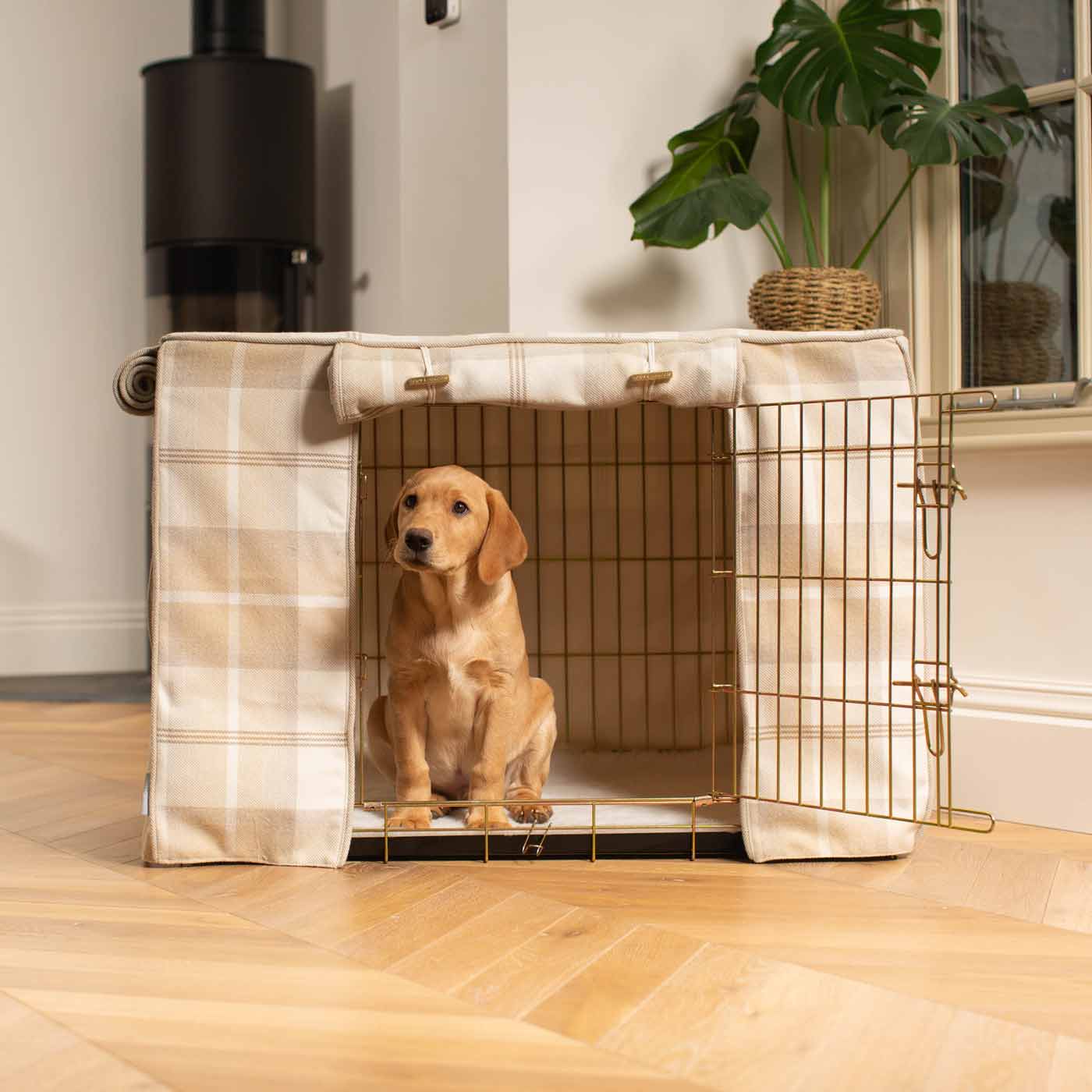 Discover Our Heavy-Duty Dog Crate With Natural Tweed Crate Cover The Perfect Crate Accessory For The Ultimate Pet Den. Available To Personalise Here at Lords & Labradors 