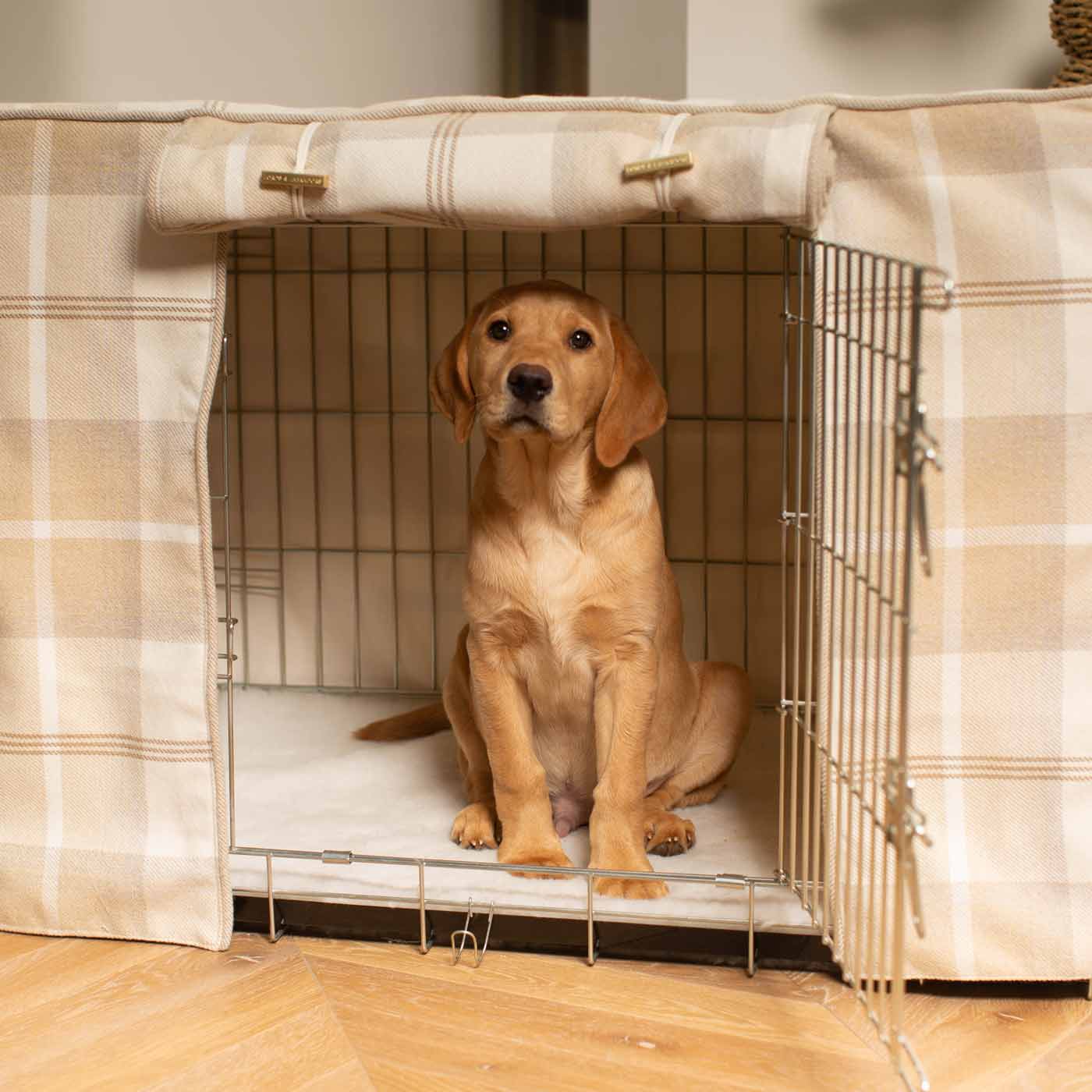 Discover our Luxury Dog Crate Cover, in Balmoral Natural Tweed. The Perfect Dog Crate Accessory, Available To Personalise Now at Lords & Labradors