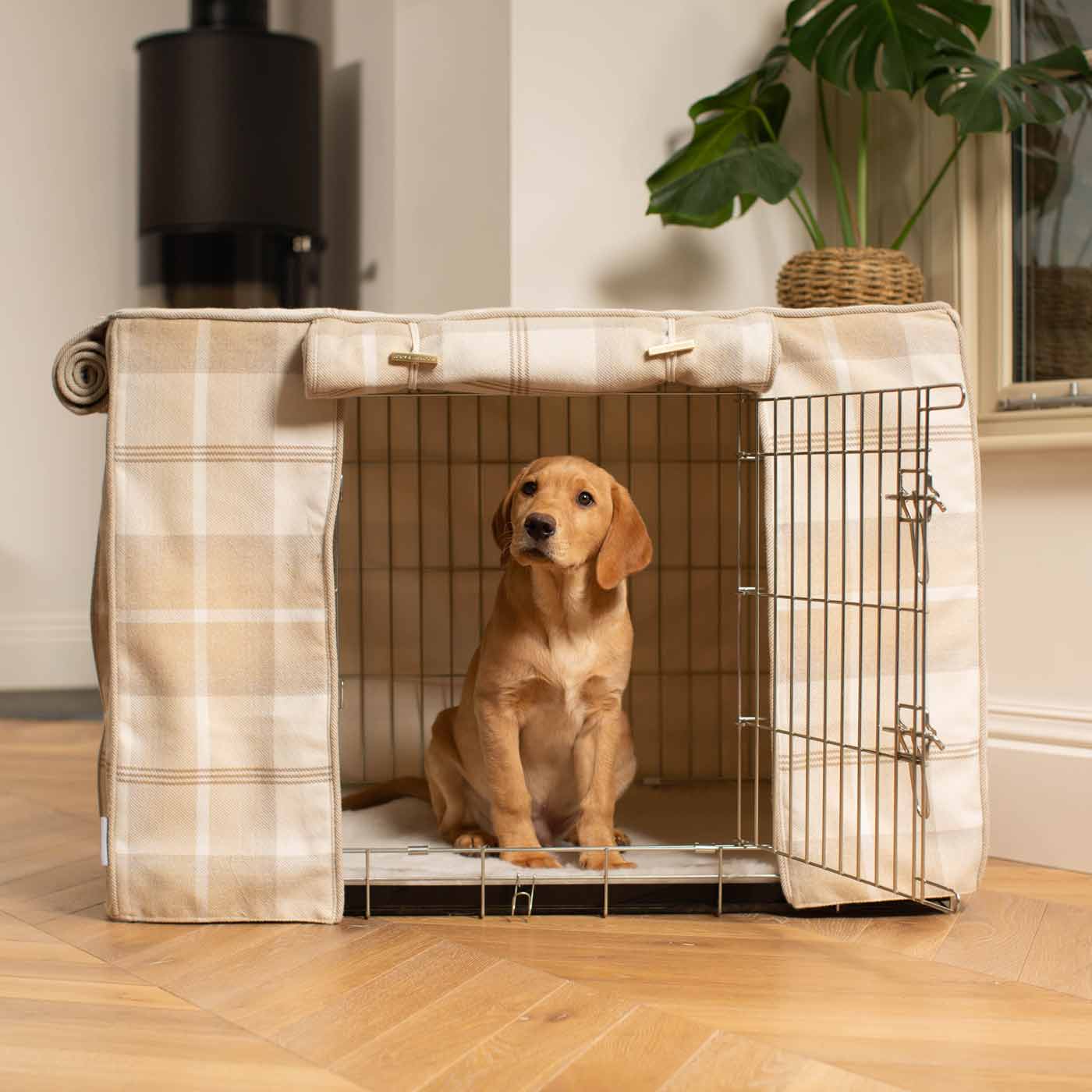 Discover our Luxury Dog Crate Cover, in Balmoral Natural Tweed. The Perfect Dog Crate Accessory, Available To Personalise Now at Lords & Labradors