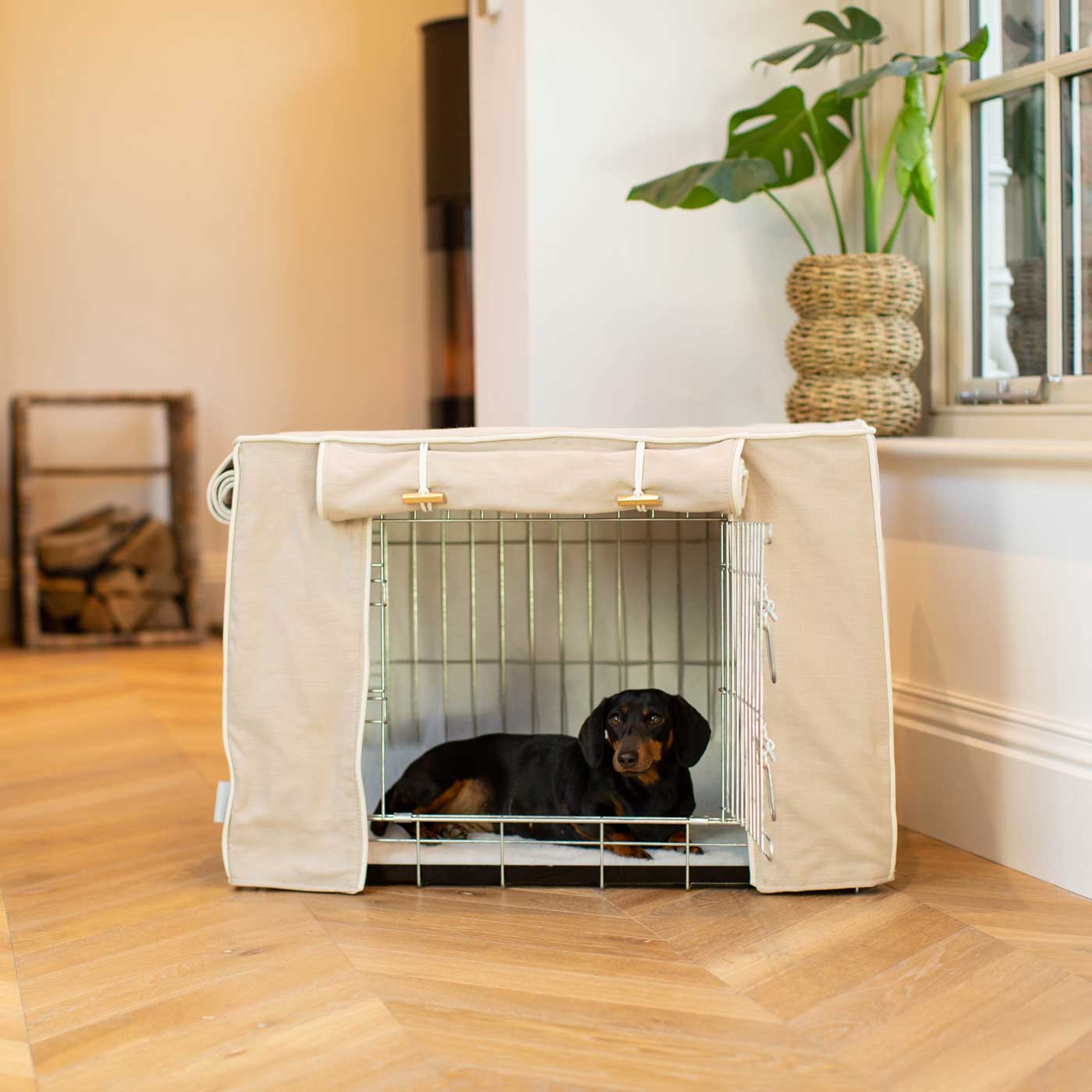 Discover our Luxury Dog Crate Cover, in Savanna Oatmeal. The Perfect Dog Crate Accessory, Available To Personalise Now at Lords & Labradors