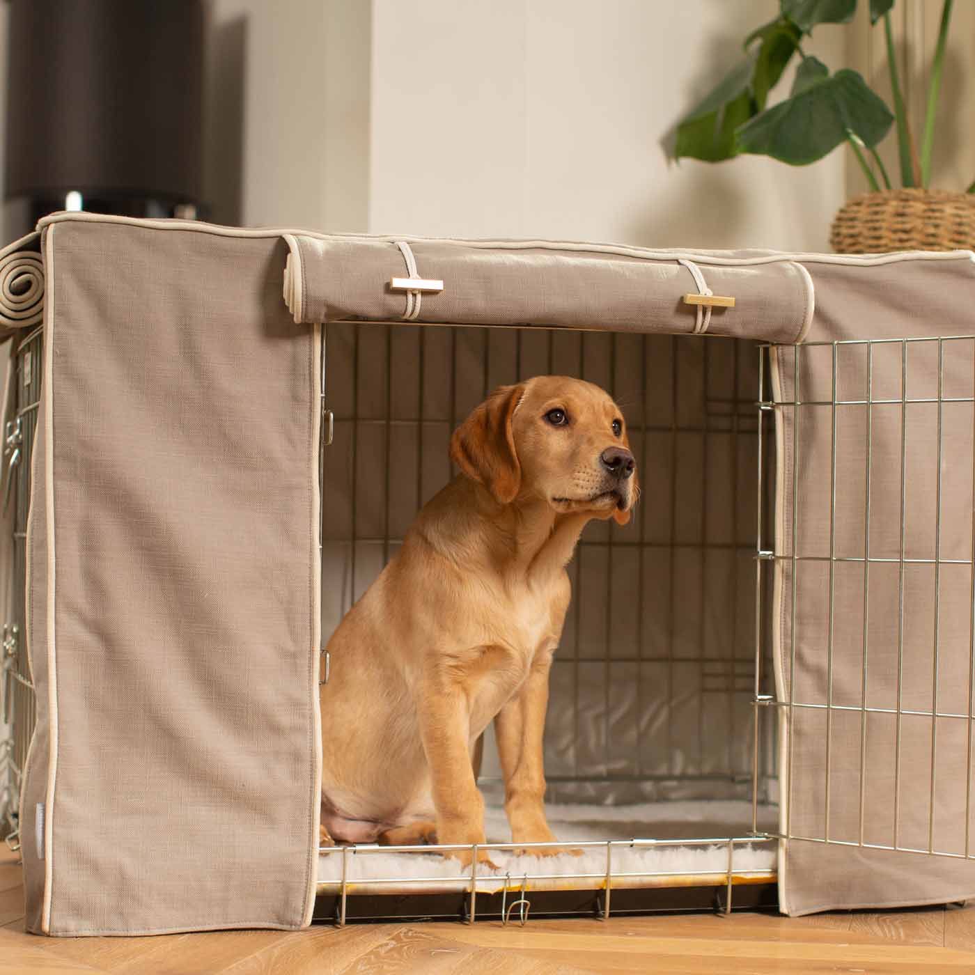 Discover our Luxury Dog Crate Cover, in Savanna Stone. The Perfect Dog Crate Accessory, Available To Personalise Now at Lords & Labradors