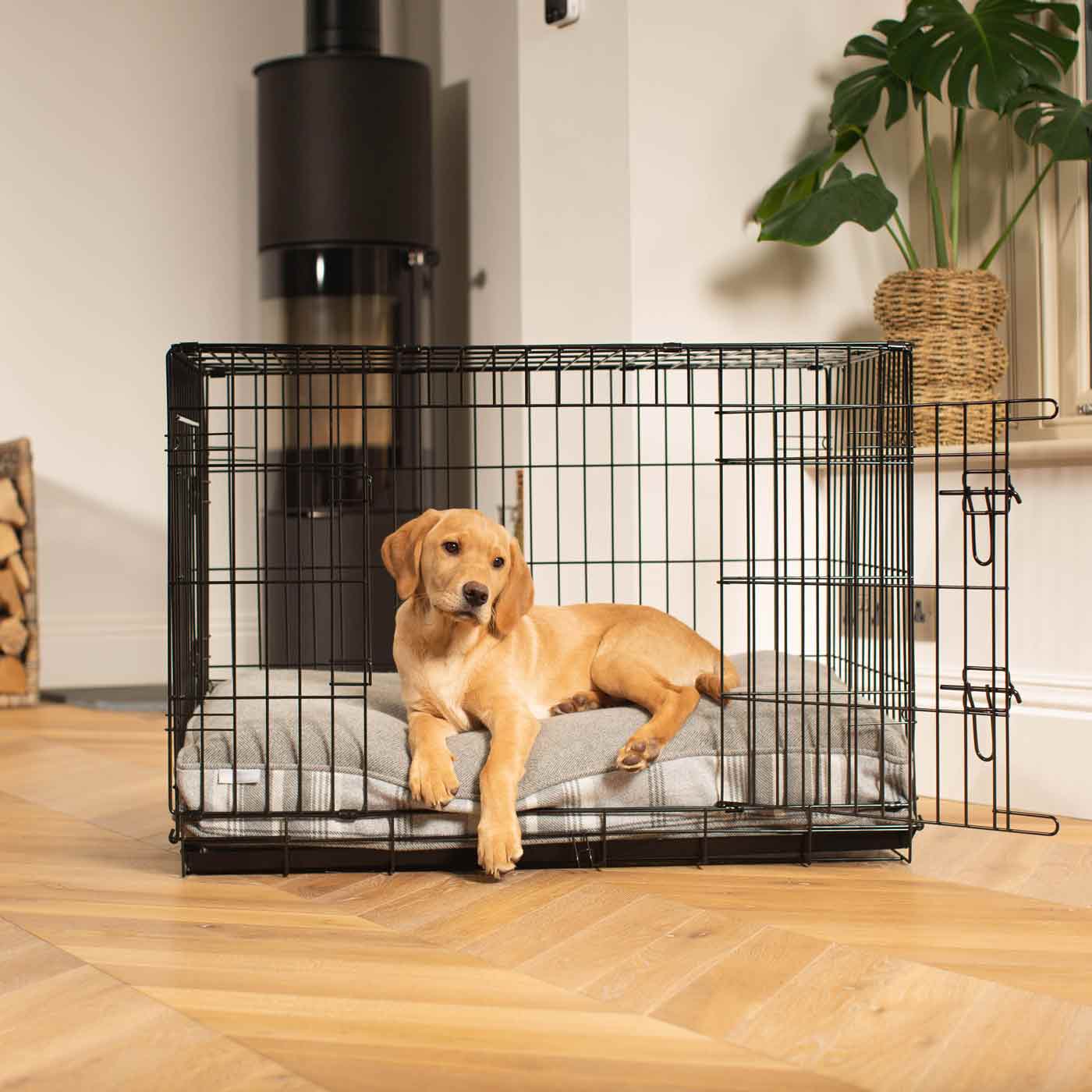 Luxury Dog Crate Cushion, Balmoral Dove Grey Tweed Crate Cushion The Perfect Dog Crate Accessory, Available To Personalise Now at Lords & Labradors