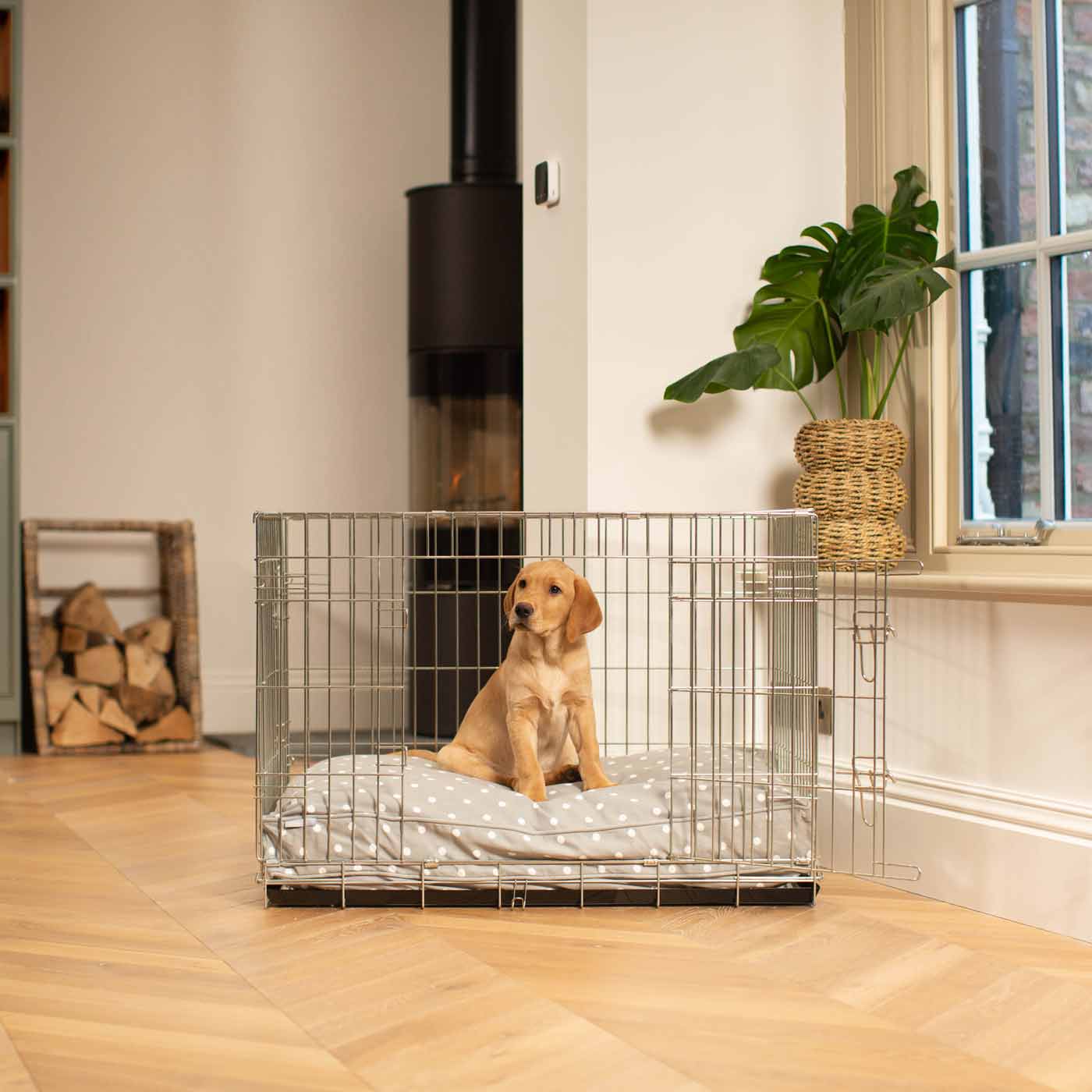 Luxury Dog Crate Cushion, Grey Spot Crate Cushion The Perfect Dog Crate Accessory, Available To Personalise Now at Lords & Labradors