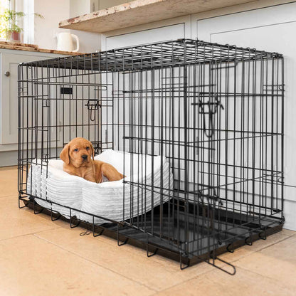  Cosy & Calm Puppy Crate Bed, The Perfect Dog Crate Accessory For The Ultimate Dog Den! In Stunning Light Grey Essentials Plush! Available Now at Lords & Labradors