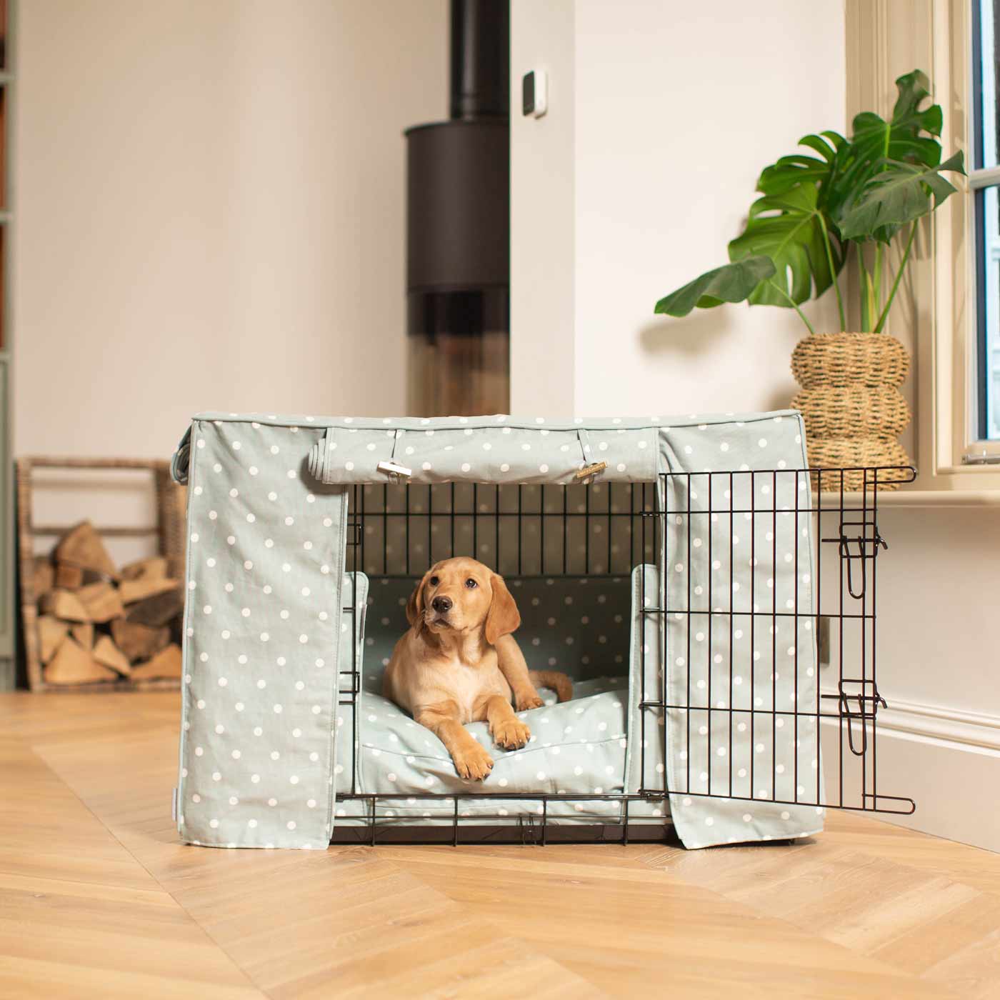 Luxury Heavy Duty Dog Crate, In Stunning Duck Egg Spot Crate Set, The Perfect Dog Crate Set For Building The Ultimate Pet Den! Dog Crate Cover Available To Personalise at Lords & Labradors 