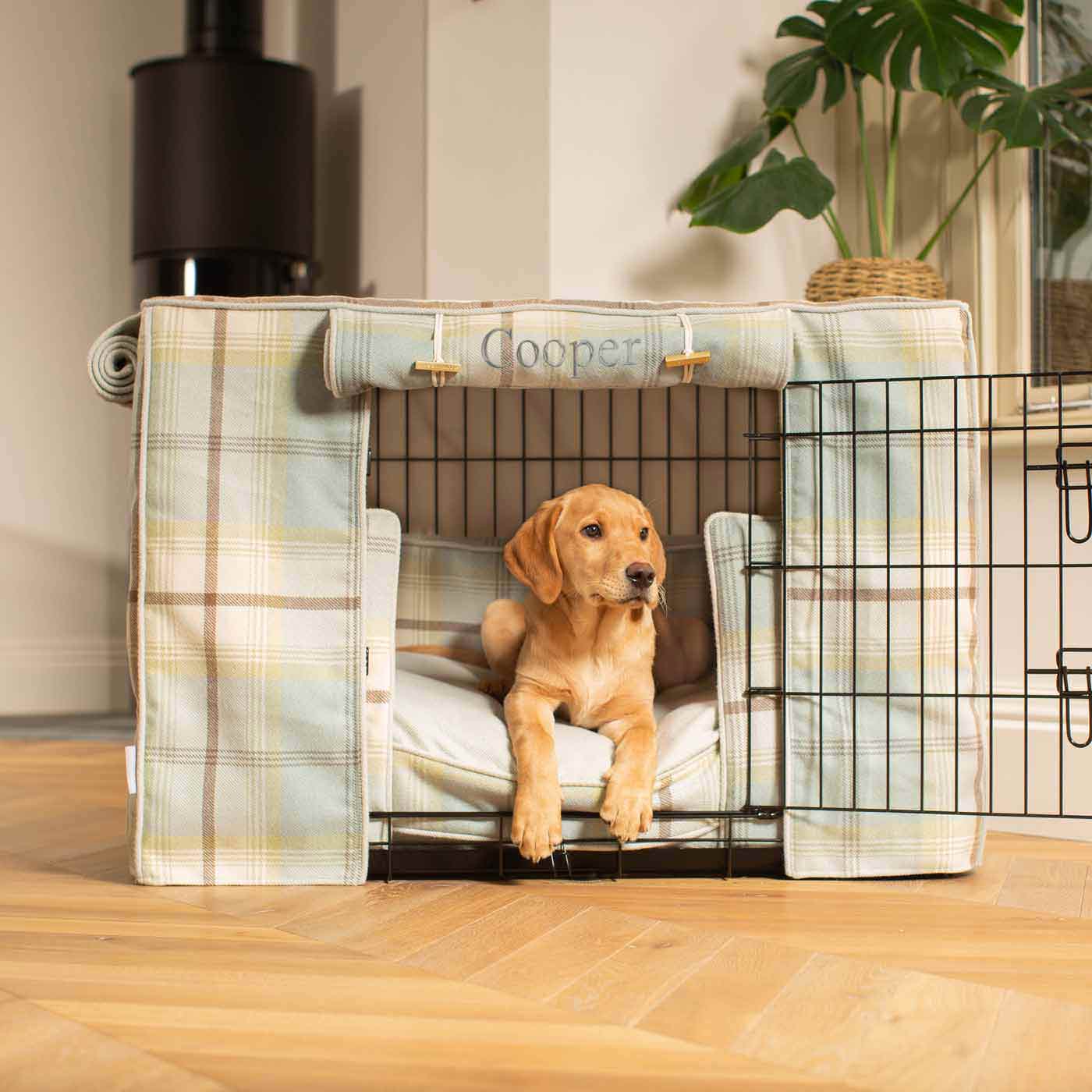 Luxury Heavy Duty Dog Crate, In Stunning Balmoral Duck Egg Tweed Crate Set, The Perfect Dog Crate Set For Building The Ultimate Pet Den! Dog Crate Cover Available To Personalise at Lords & Labradors 