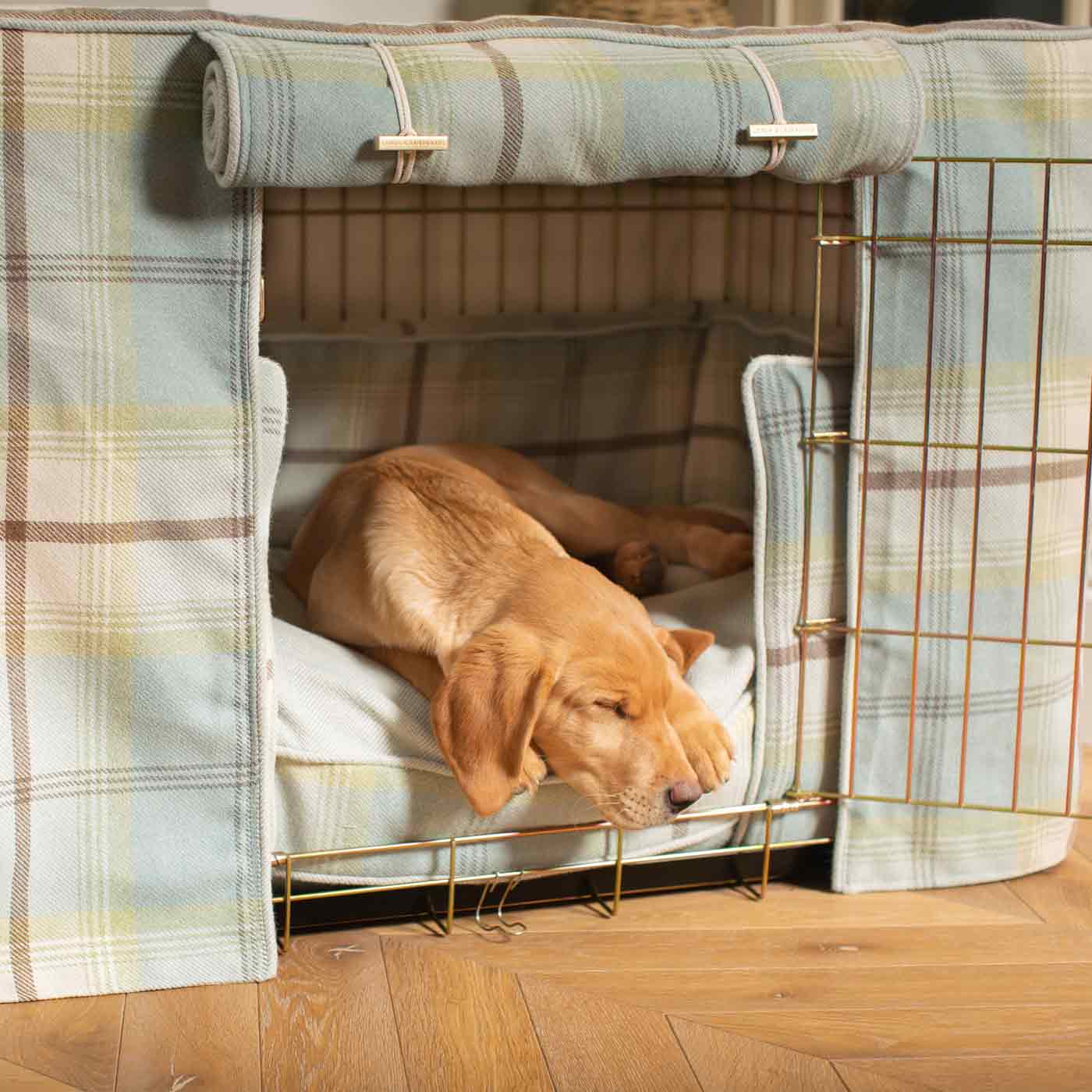 Luxury Heavy Duty Dog Crate, In Stunning Balmoral Duck Egg Tweed Crate Set, The Perfect Dog Crate Set For Building The Ultimate Pet Den! Dog Crate Cover Available To Personalise at Lords & Labradors 