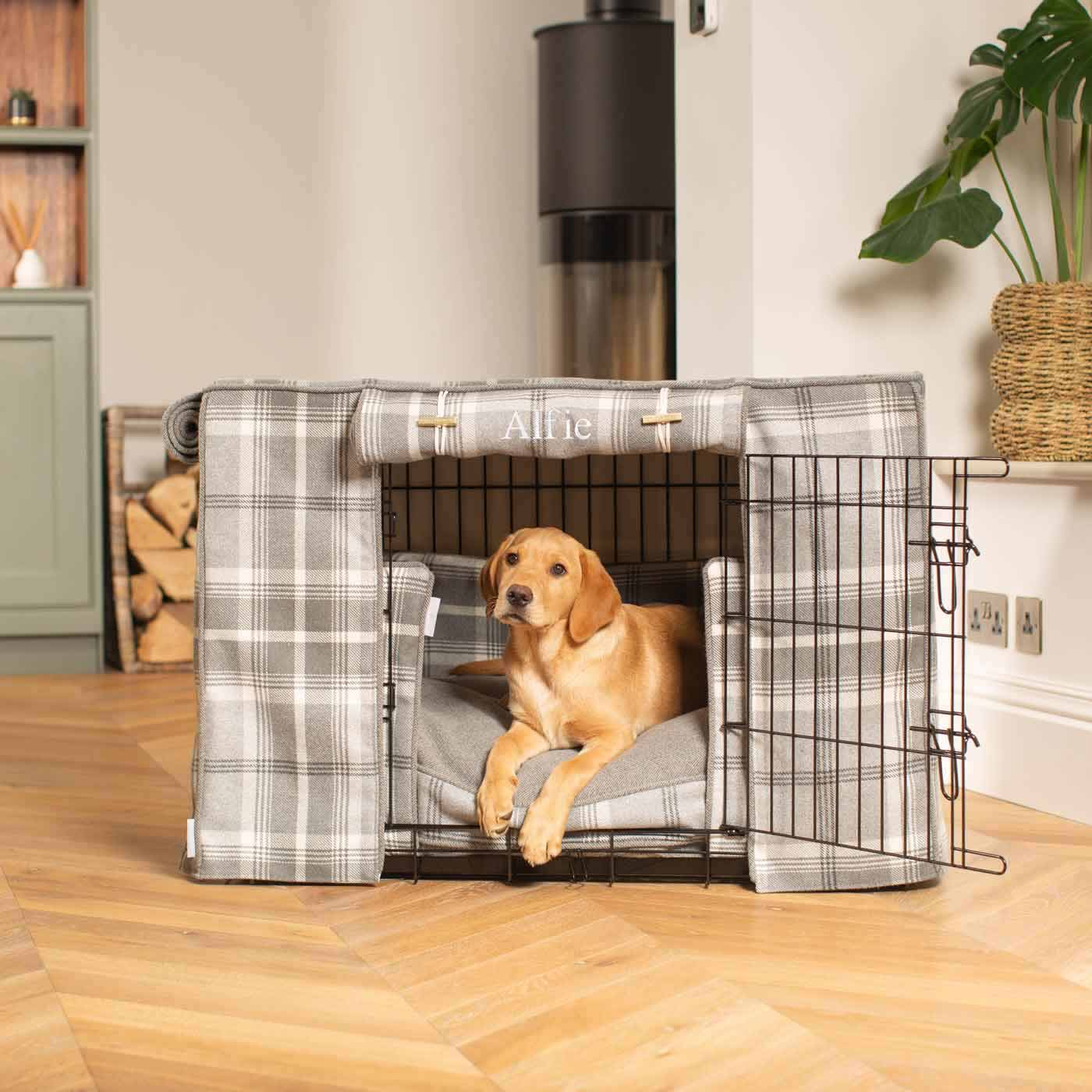 Luxury Heavy Duty Dog Crate, In Stunning Balmoral Dove Grey Tweed Crate Set, The Perfect Dog Crate Set For Building The Ultimate Pet Den! Dog Crate Cover Available To Personalise at Lords & Labradors 