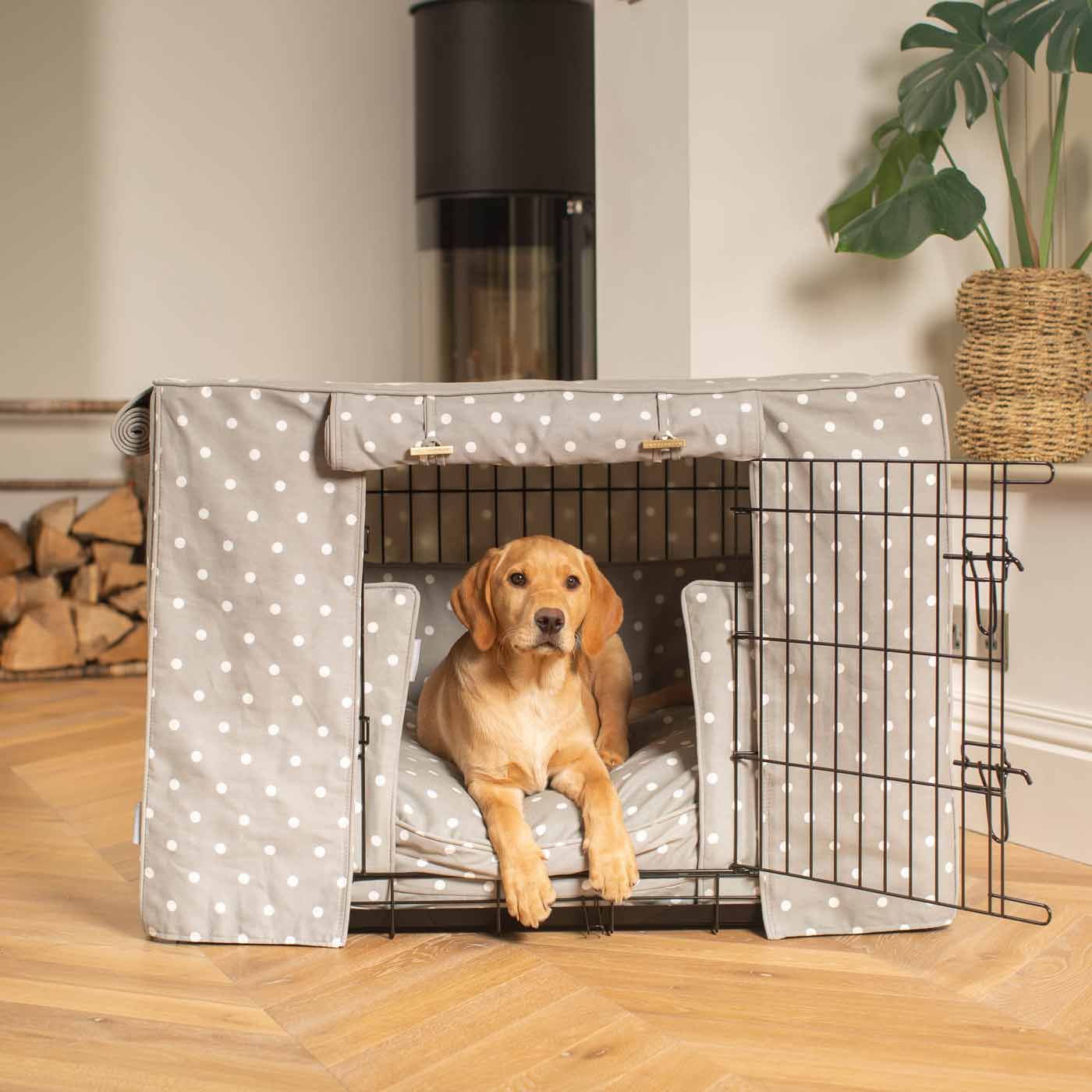 Luxury Heavy Duty Dog Crate, In Stunning Grey Spot Crate Set, The Perfect Dog Crate Set For Building The Ultimate Pet Den! Dog Crate Cover Available To Personalise at Lords & Labradors