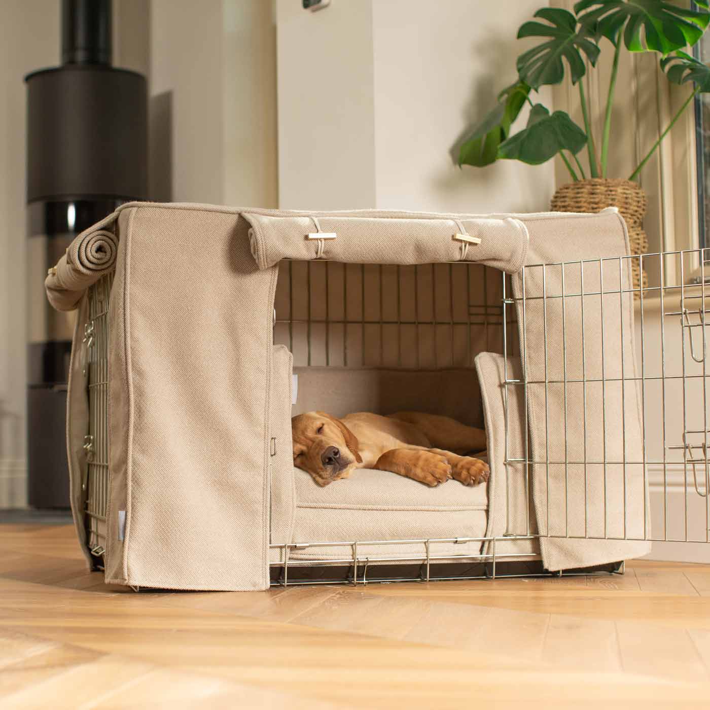 Luxury Heavy Duty Dog Crate, In Stunning Natural Herringbone Tweed Crate Set, The Perfect Dog Crate Set For Building The Ultimate Pet Den! Dog Crate Cover Available To Personalise at Lords & Labradors