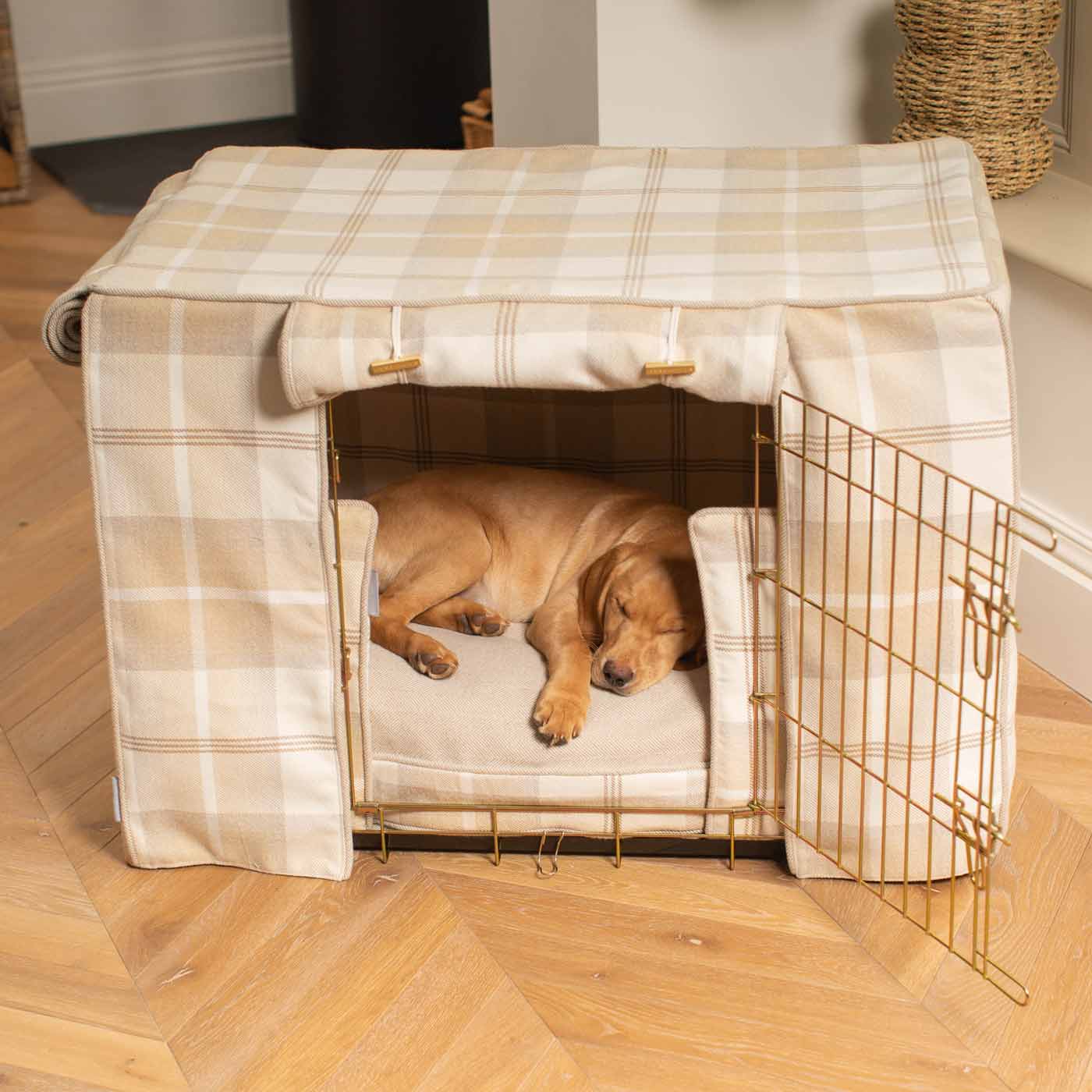 Luxury Heavy Duty Dog Crate, In Stunning Balmoral Natural Tweed Crate Set, The Perfect Dog Crate Set For Building The Ultimate Pet Den! Dog Crate Cover Available To Personalise at Lords & Labradors 