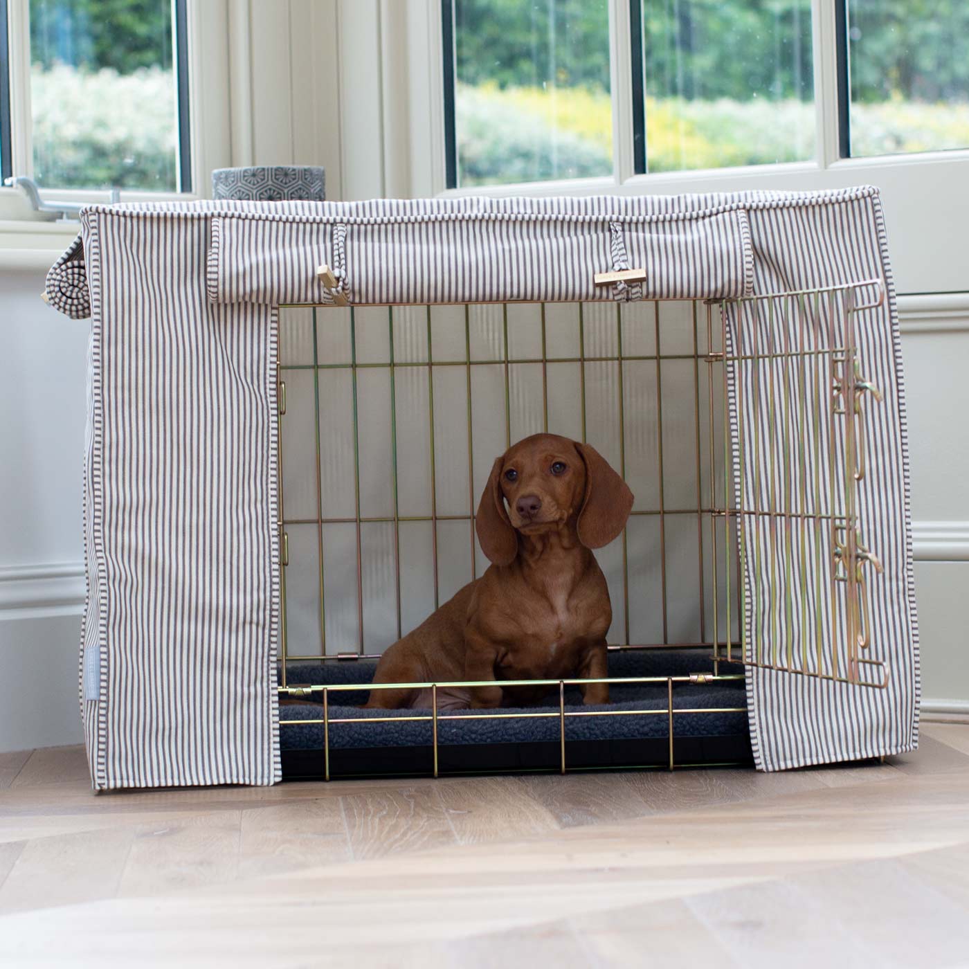 Discover our Luxury Dog Crate Cover, in Regency Stripe. The Perfect Dog Crate Accessory, Available To Personalise Now at Lords & Labradors