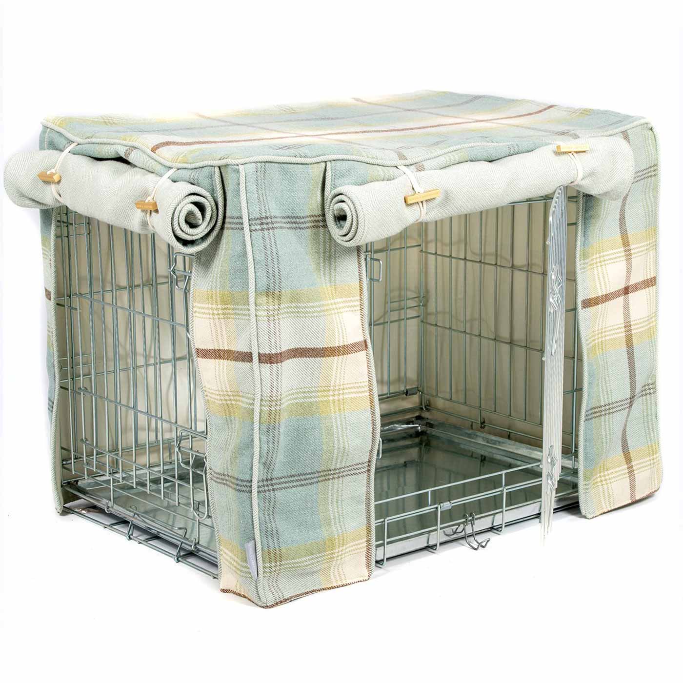 Discover our Luxury Dog Crate Cover, in Balmoral Duck Egg Tweed. The Perfect Dog Crate Accessory, Available To Personalise Now at Lords & Labradors