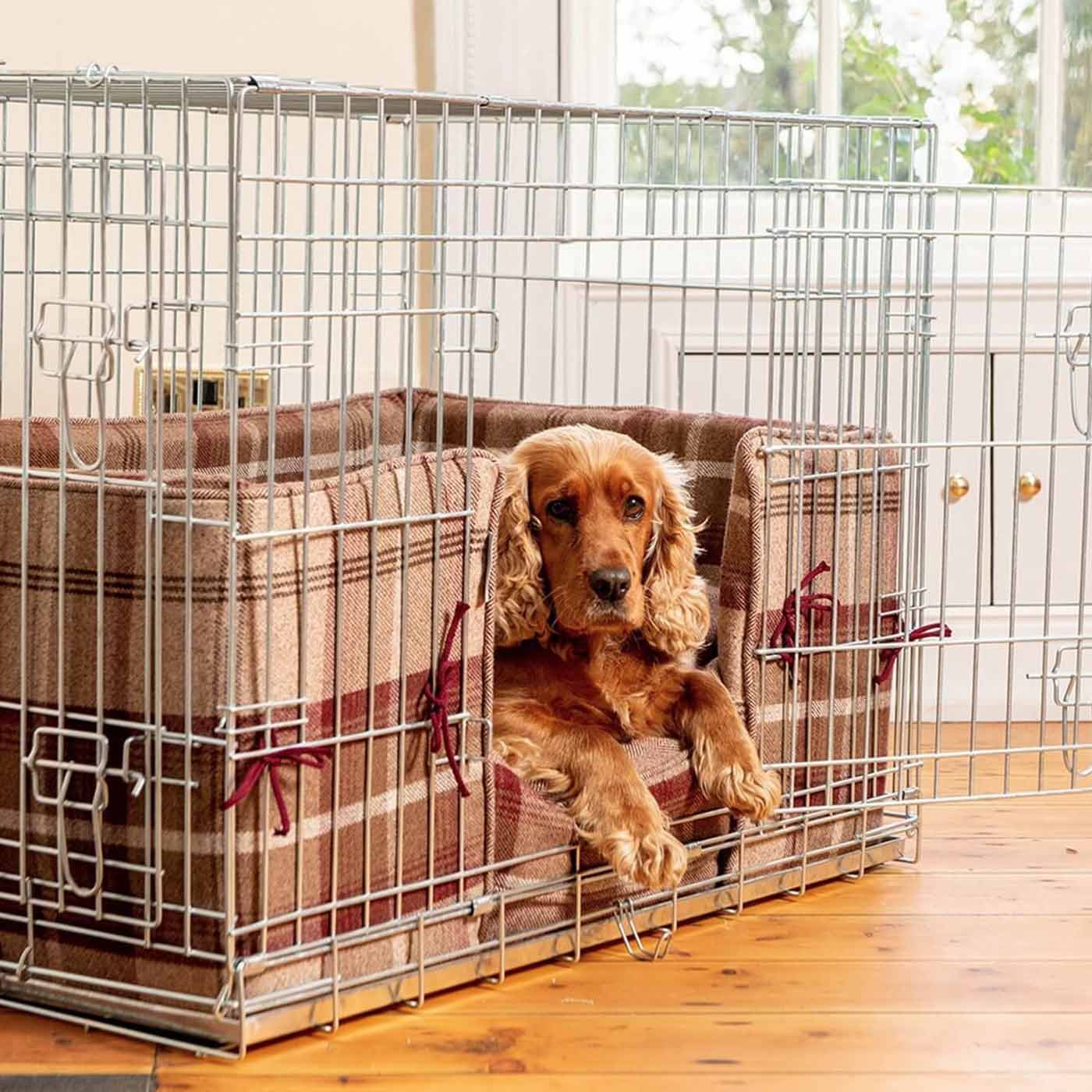 Luxury Dog Crate Bumper, Balmoral Mulberry Tweed Crate Bumper Cover, The Perfect Dog Crate Accessory, Available Now at Lords & Labradors