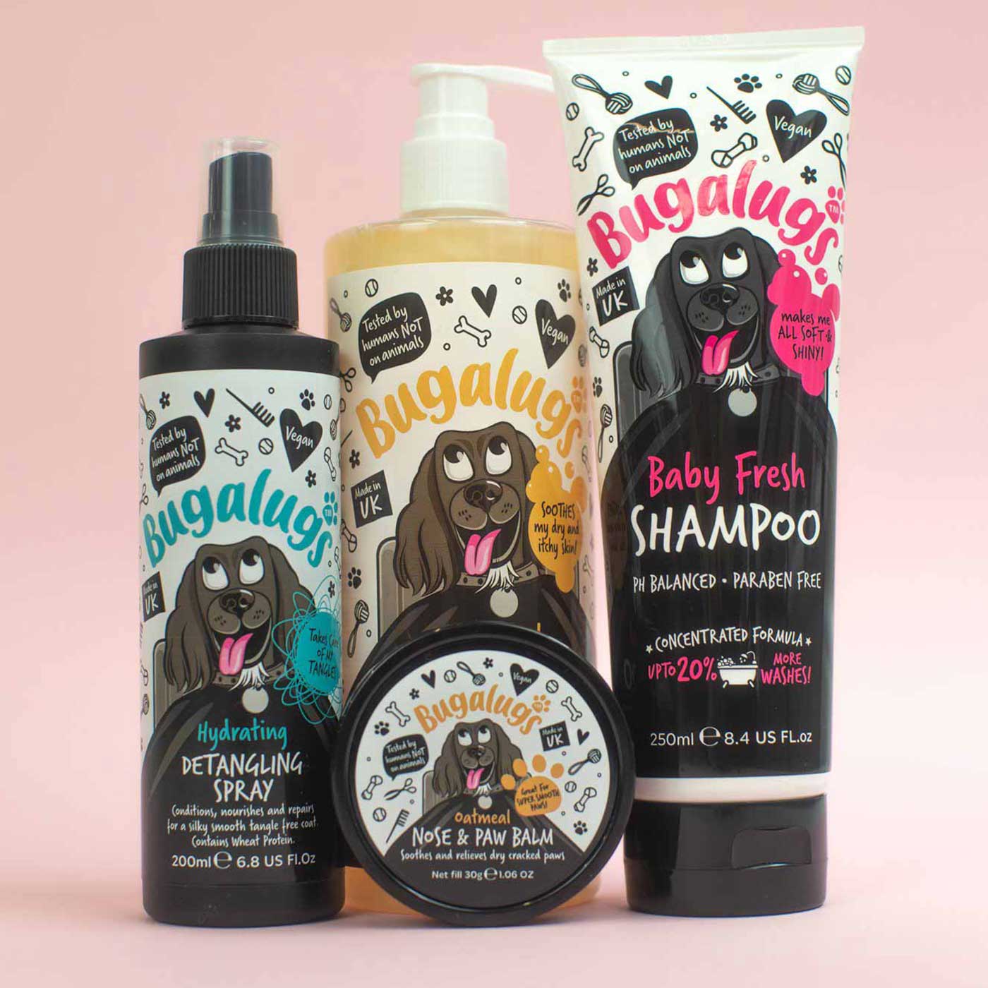 Discover, Bugalugs Baby Fresh Dog Shampoo. Perfect for removing odours, Vegan friendly, Soothes and nourishes the coat and skin, PH balanced and sensitive. now available at Lords and Labradors in three sizes