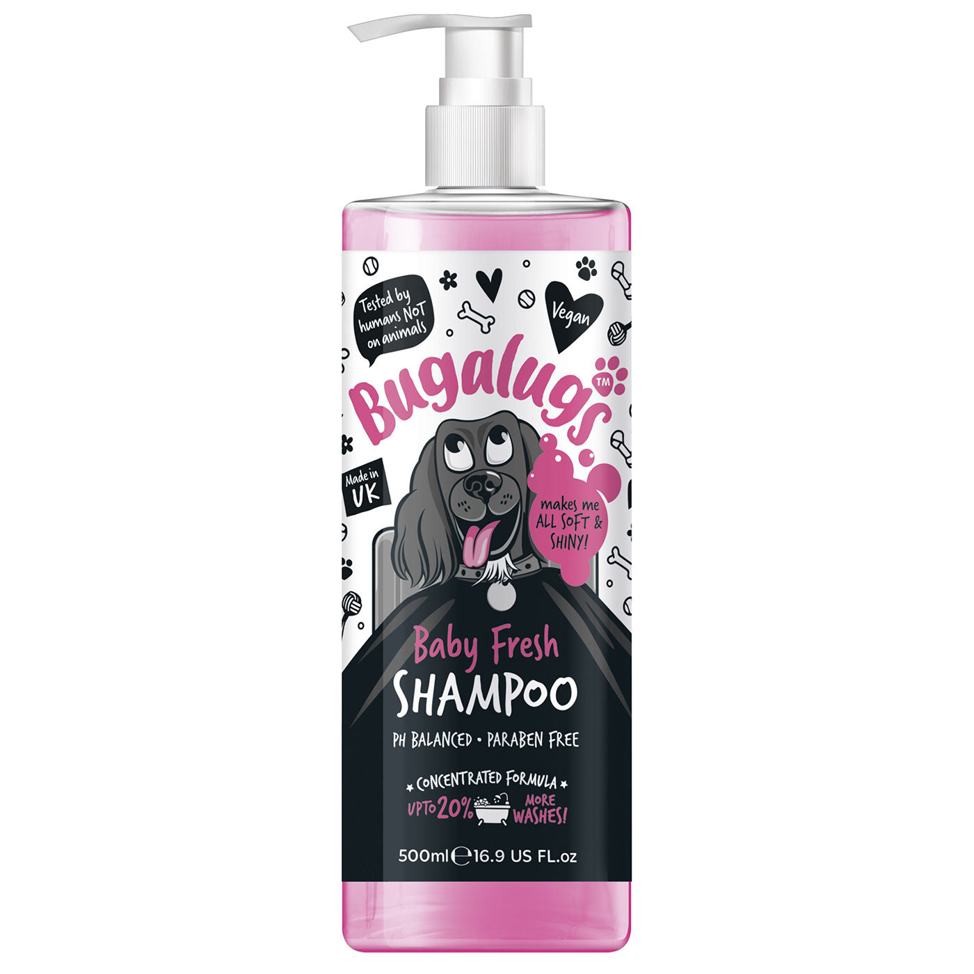 Discover, Bugalugs Baby Fresh Dog Shampoo. Perfect for removing odours, Vegan friendly, Soothes and nourishes the coat and skin, PH balanced and sensitive. now available at Lords and Labradors in three sizes