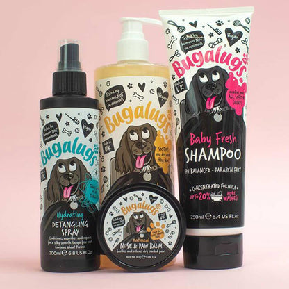 Discover, Bugalugs Detangling Spray. Perfect to groom with ease being gentle hydrating spray that tames unruly coats. Experience enhanced shine and conditioning, with the added bonus of pH-balanced detangling properties. Our formula is suitable for puppies as young as 8 weeks old, and comes in a convenient 200ml spray bottle. now available at Lords and Labradors