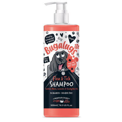 Discover, Bugalugs Flea & Tick Shampoo. This Effective flea & tick shampoo for your dog's coat. Deep cleansing formula, UK water, PH balanced & paraben-free. Recycled bottle, suitable for all coats & puppies over 8 weeks. Available in Lords and Labradors 