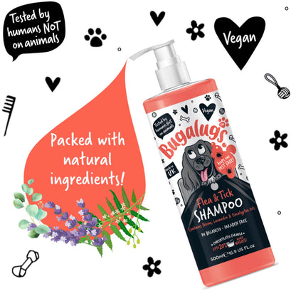 Discover, Bugalugs Flea & Tick Shampoo. This Effective flea & tick shampoo for your dog's coat. Deep cleansing formula, UK water, PH balanced & paraben-free. Recycled bottle, suitable for all coats & puppies over 8 weeks. Available in Lords and Labradors