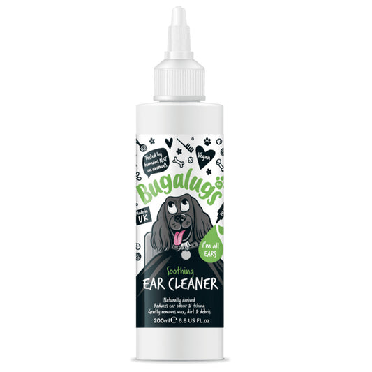 Discover, 200ml Bugalugs Soothing Ear Cleaner. Features  a reduce odour, itching and infection in puppy's ears with gentle cleaning spray. Suitable for 8+ weeks. Available at Lords and Labradors