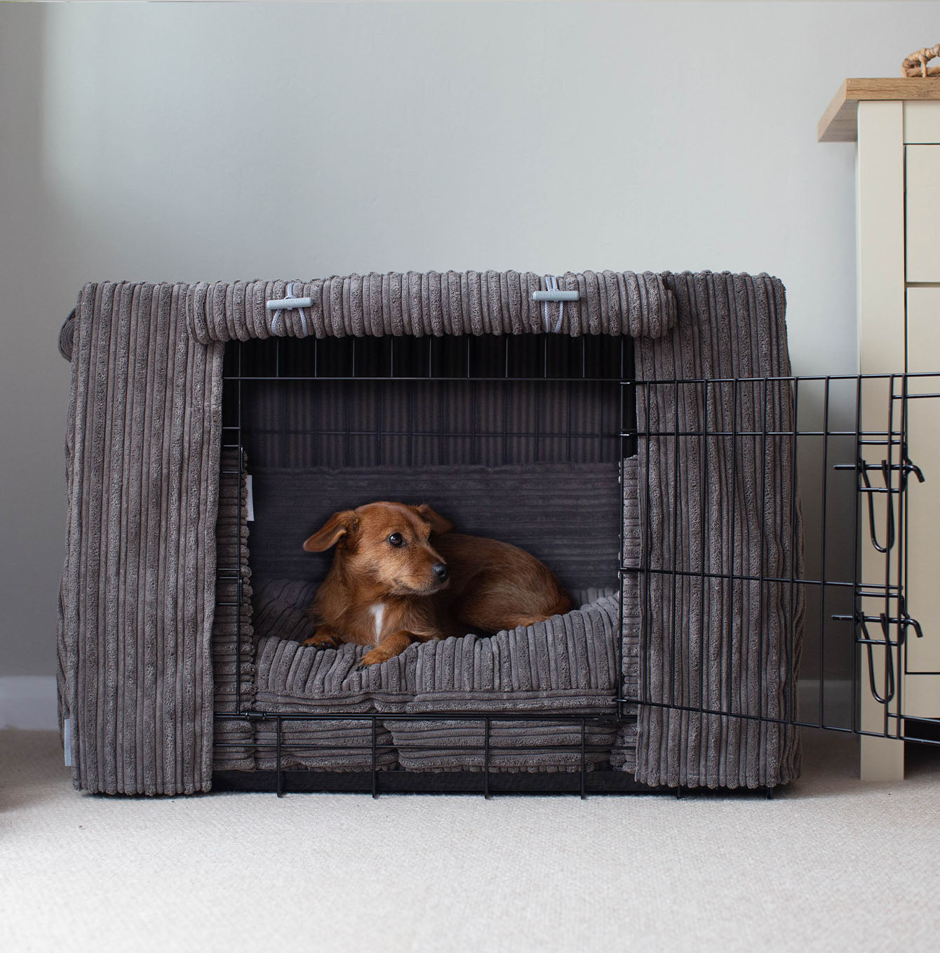 Luxury Dog Crate Cover, Essentials Plush Dark Grey Crate Cover!  The Perfect Dog Crate Accessory, Available To Personalise Now at Lords & Labradors