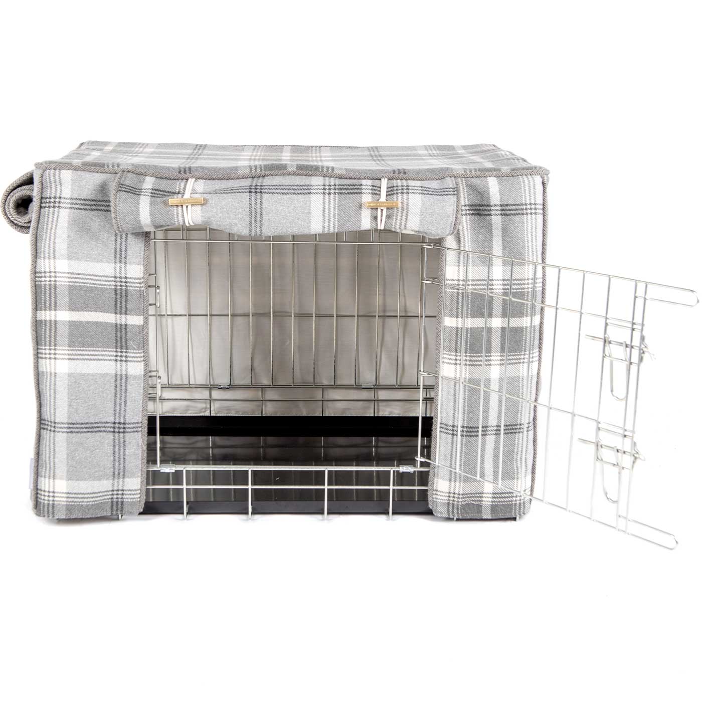 Discover our Luxury Dog Crate Cover, in Balmoral Dove Grey Tweed. The Perfect Dog Crate Accessory, Available To Personalise Now at Lords & Labradors